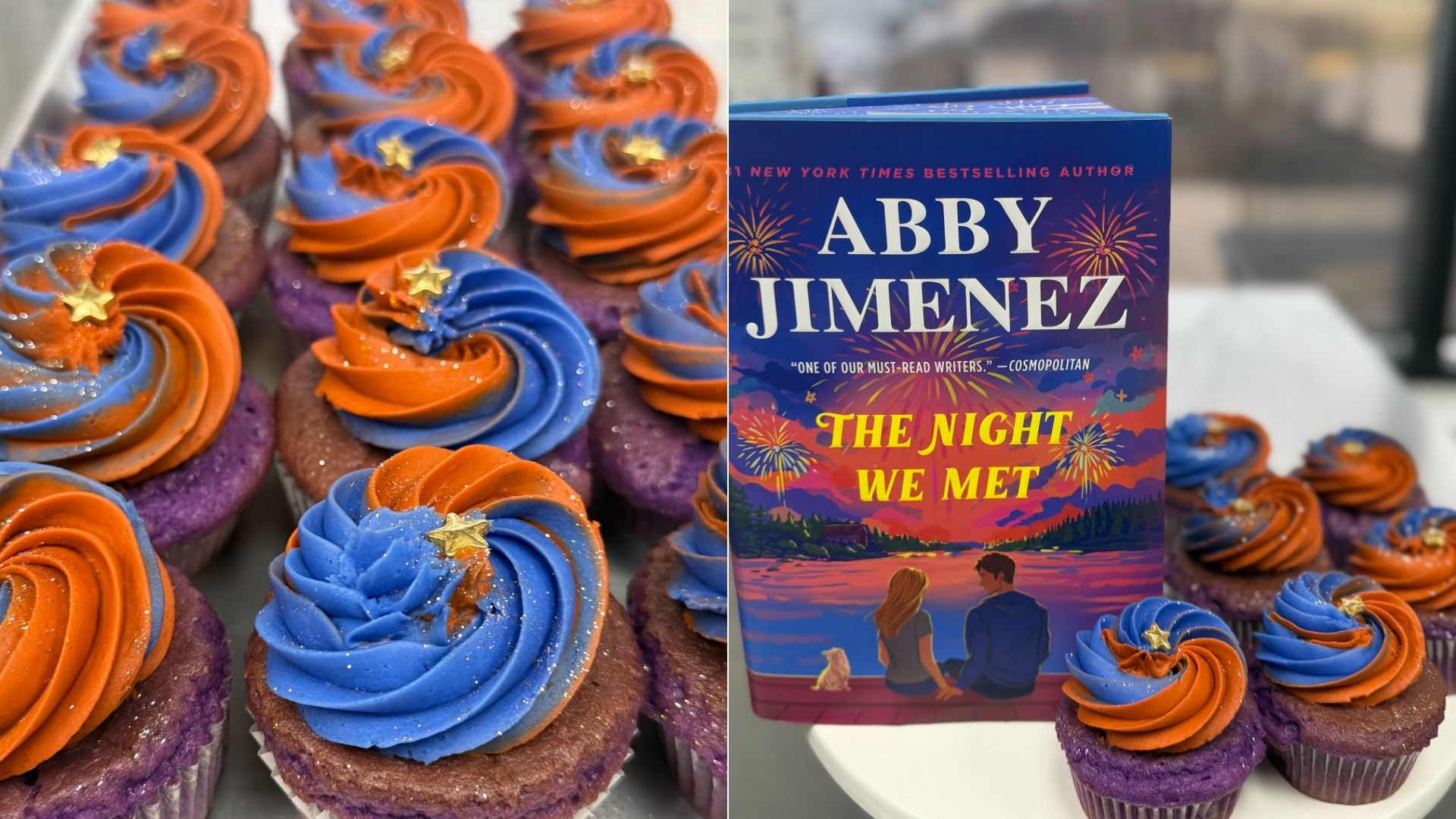 Left: cupcakes with bright orange and blue swirls and small gold stars on purple bases. Right: the book cover of "The Night We Met" by Abby Jimenez, with fireworks and a couple sitting by a lake.