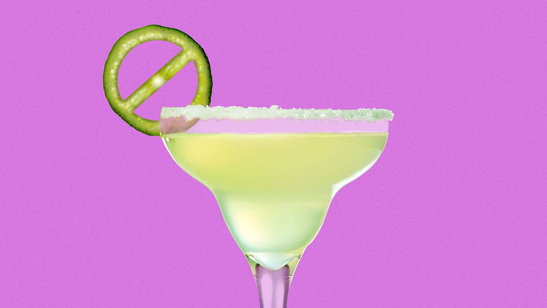 Illustration of a margarita with a lime in the shape of the "no" symbol