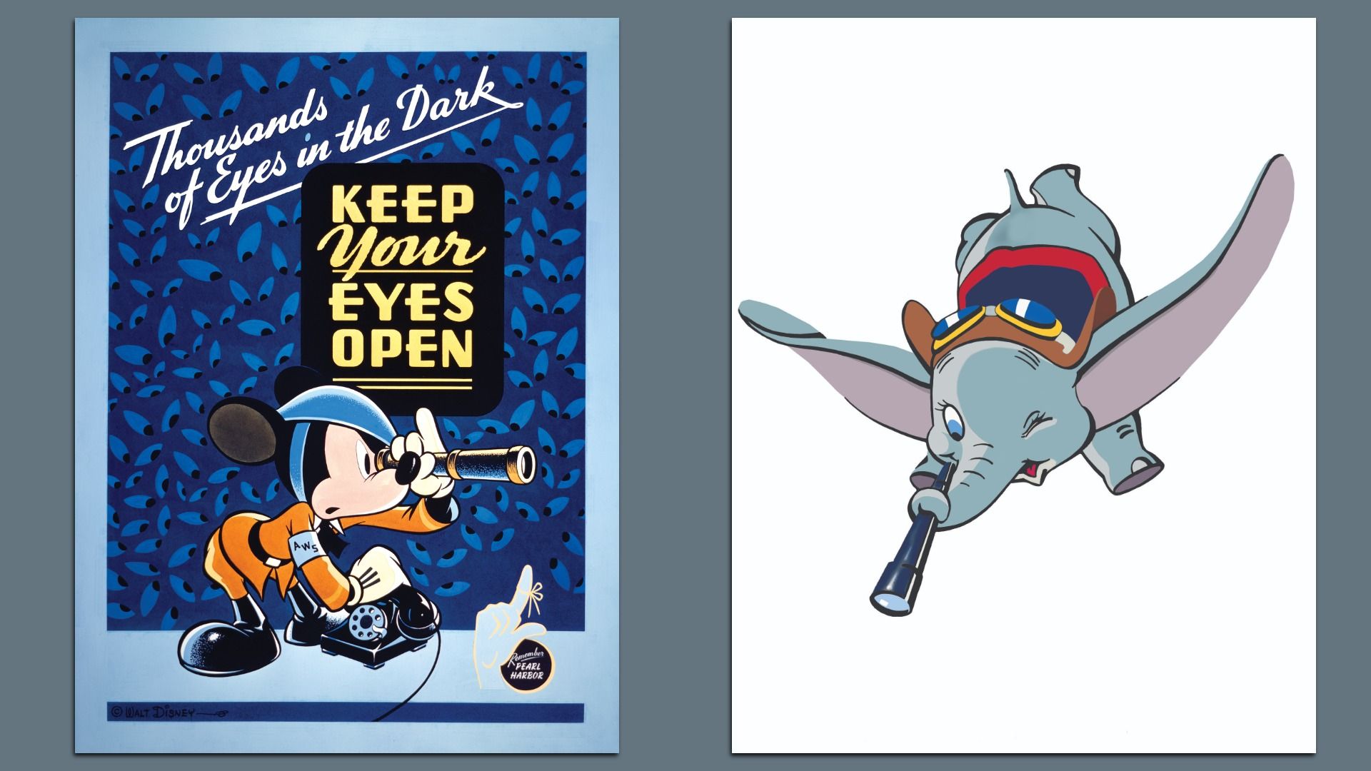 Left: blue Disney poster with Mickey Mouse peering through a telescope and the text 'Thousands of Eyes in the Dark' and 'KEEP Your Eyes Open'. Right: white poster of a flying Dumbo wearing goggles.
