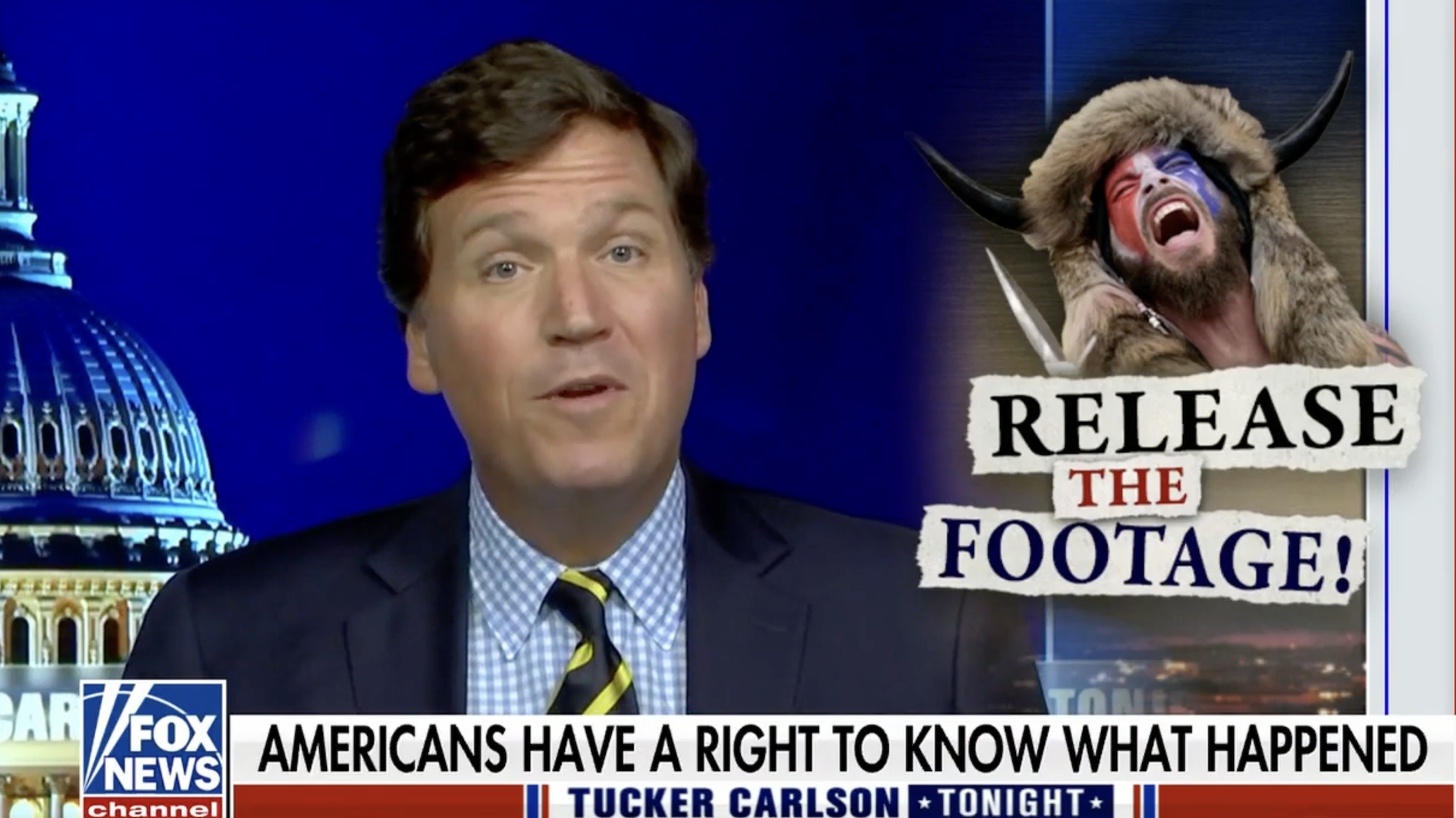 A screen shot of Tucker Carlson anchoring his Fox News show "Tucker Carlson Tonight" 