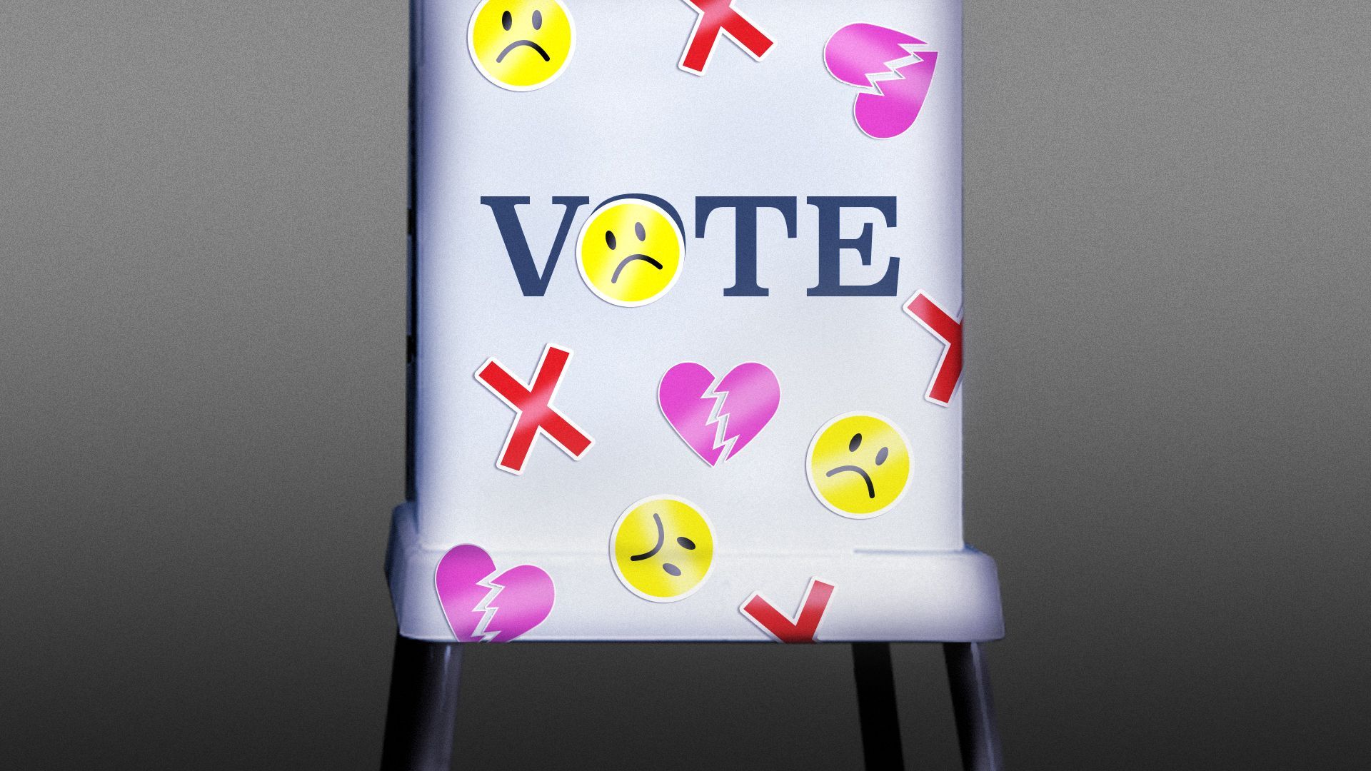 Illustration of a voting booth covered in stickers of X's, frowning faces and broken hearts.