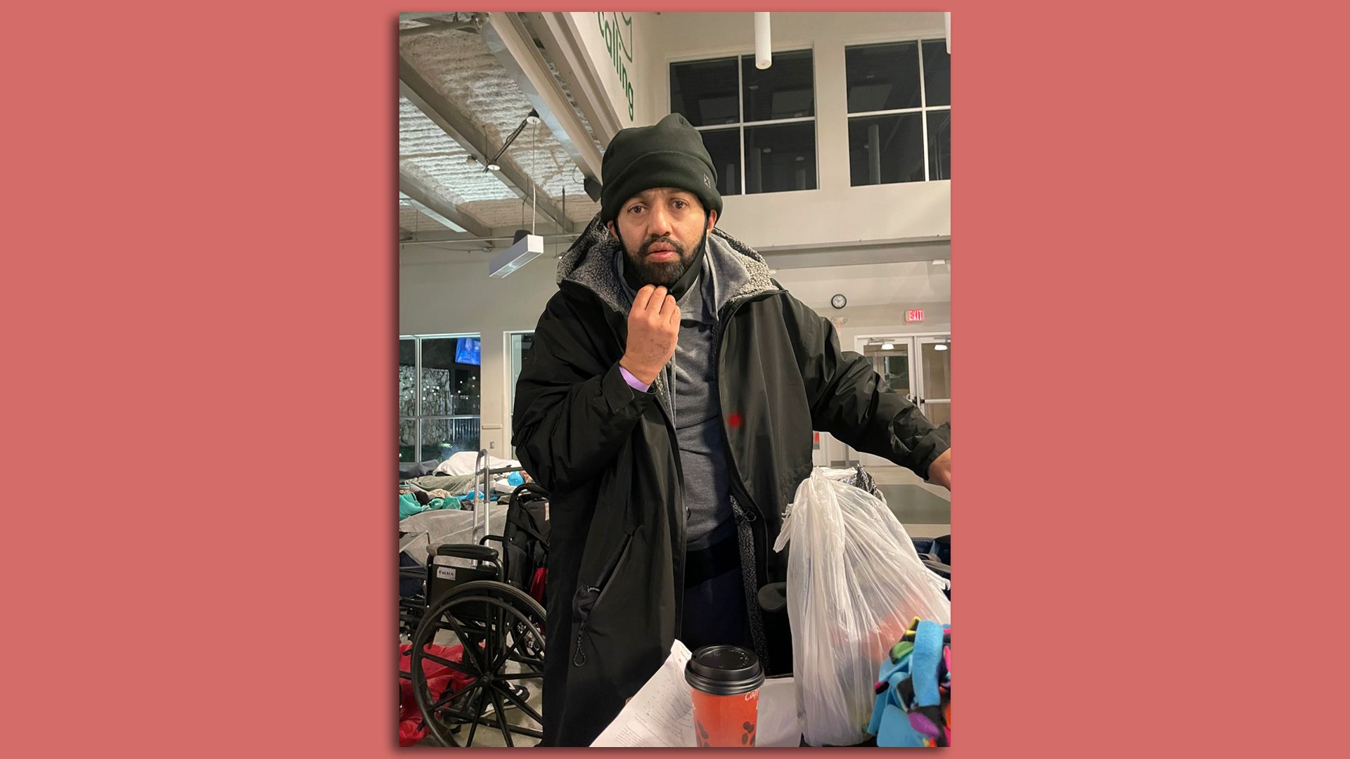 A confused man at a homeless shelter