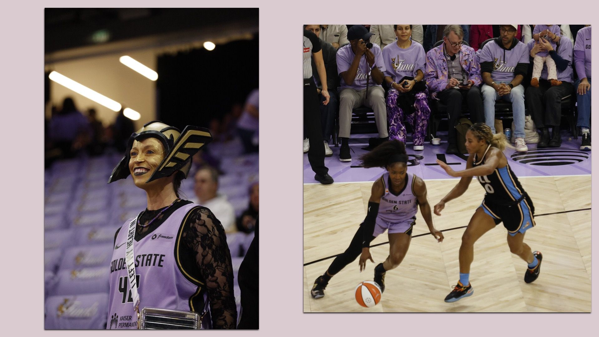 Two-panel collage on a mauve background: left shows a smiling female basketball player in lavender with protective headgear; right shows a game in progress with players and fans in purple.
