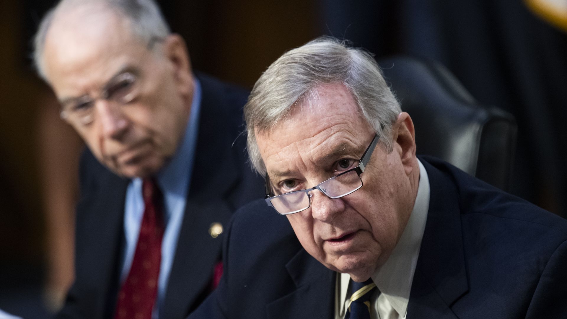 Sens. Chuck Grassley and Dick Durbin are seen during a congressional hearing.