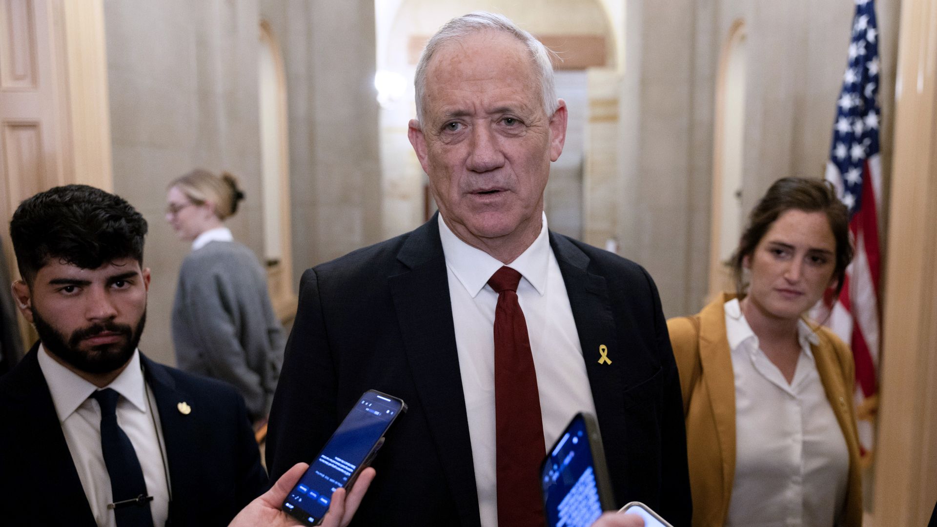  Benny Gantz, a member of Israel’s War Cabinet, talks to the media after a meeting with Senate Minority Leader Mitch McConnell (R-KY) at the U.S. Capitol on March 04, 2024
