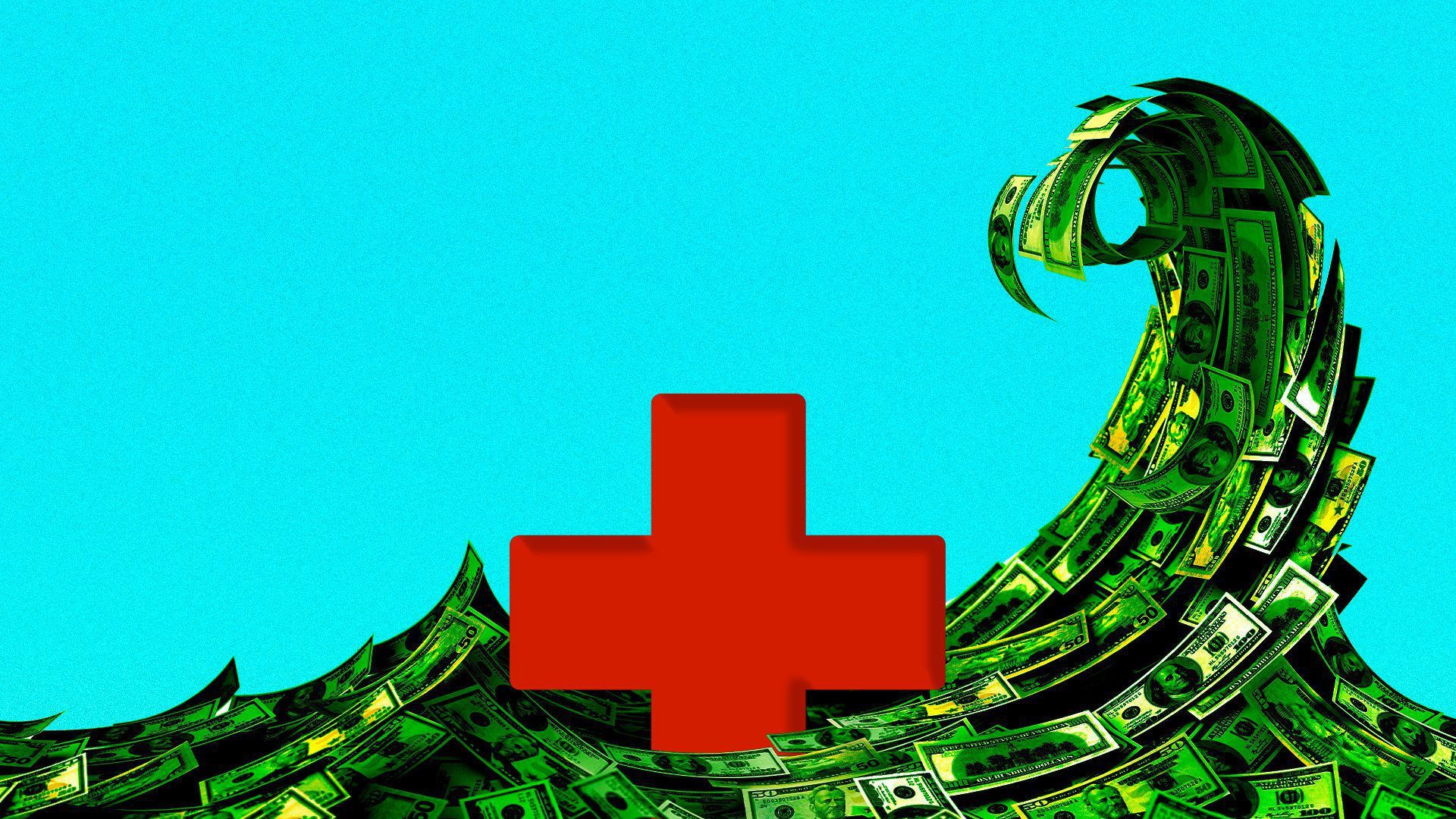 A wave of money consuming a medical sign