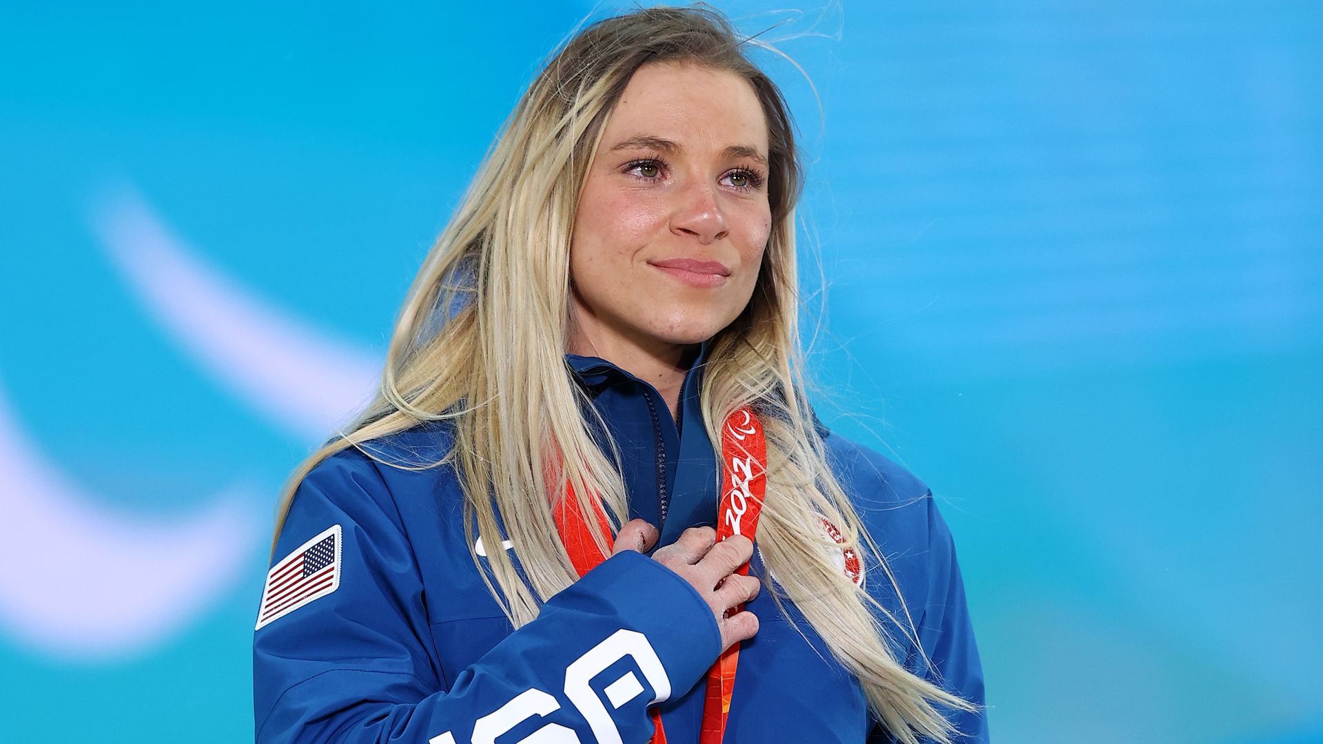 Gold medalist Oksana Masters of Team USA during the Para Biathlon Women’s Sprint Sitting medal ceremony on day two of the Beijing 2022 Winter Paralympics on March 06, 2022 in Zhangjiakou, China.