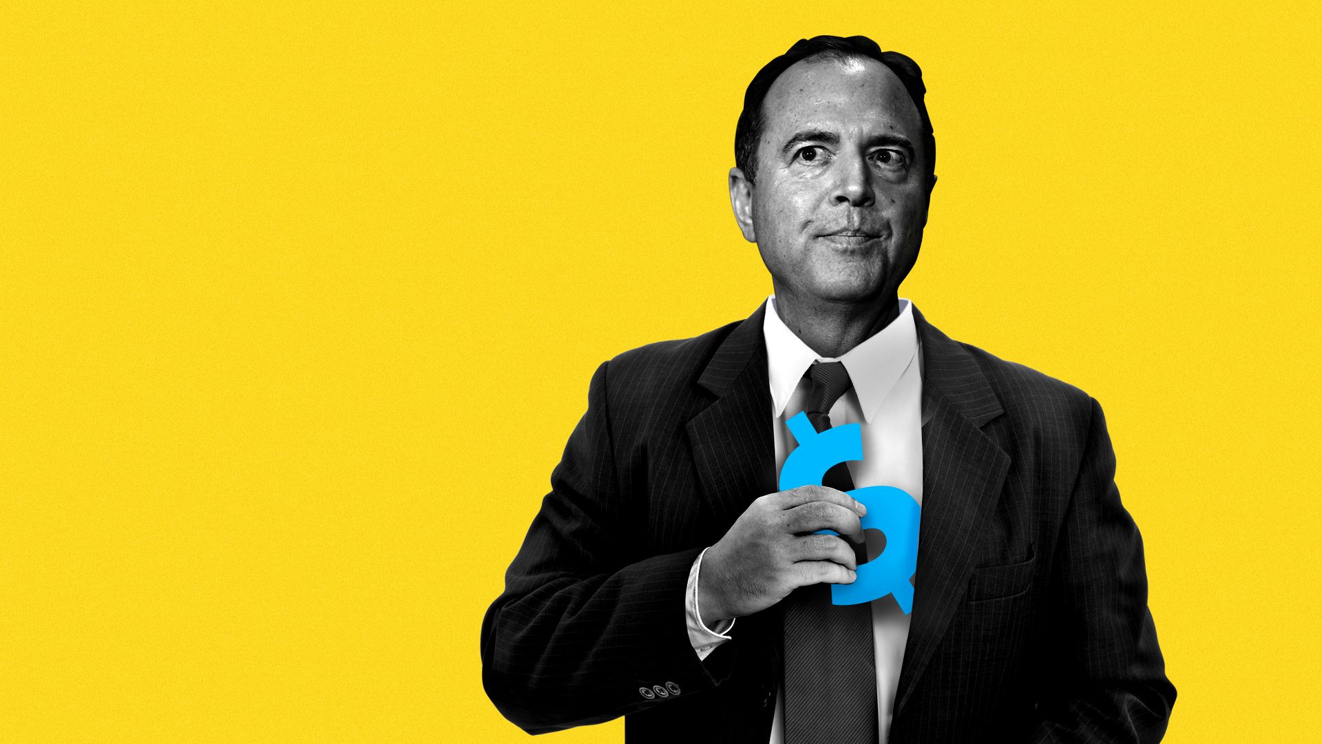 Illustration of Adam Schiff pulling a dollar sign from his jacket