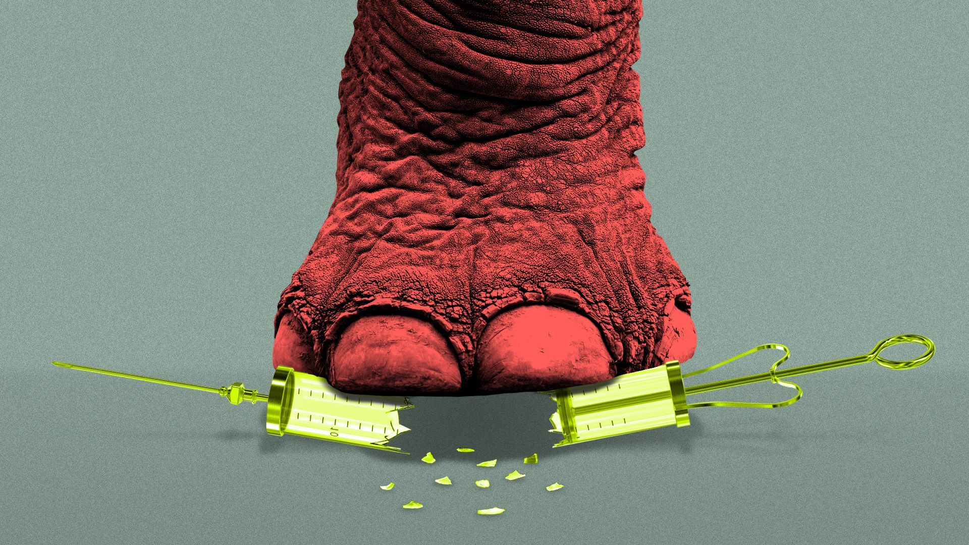 Illustration of a syringe being crushed by an elephant's foot.