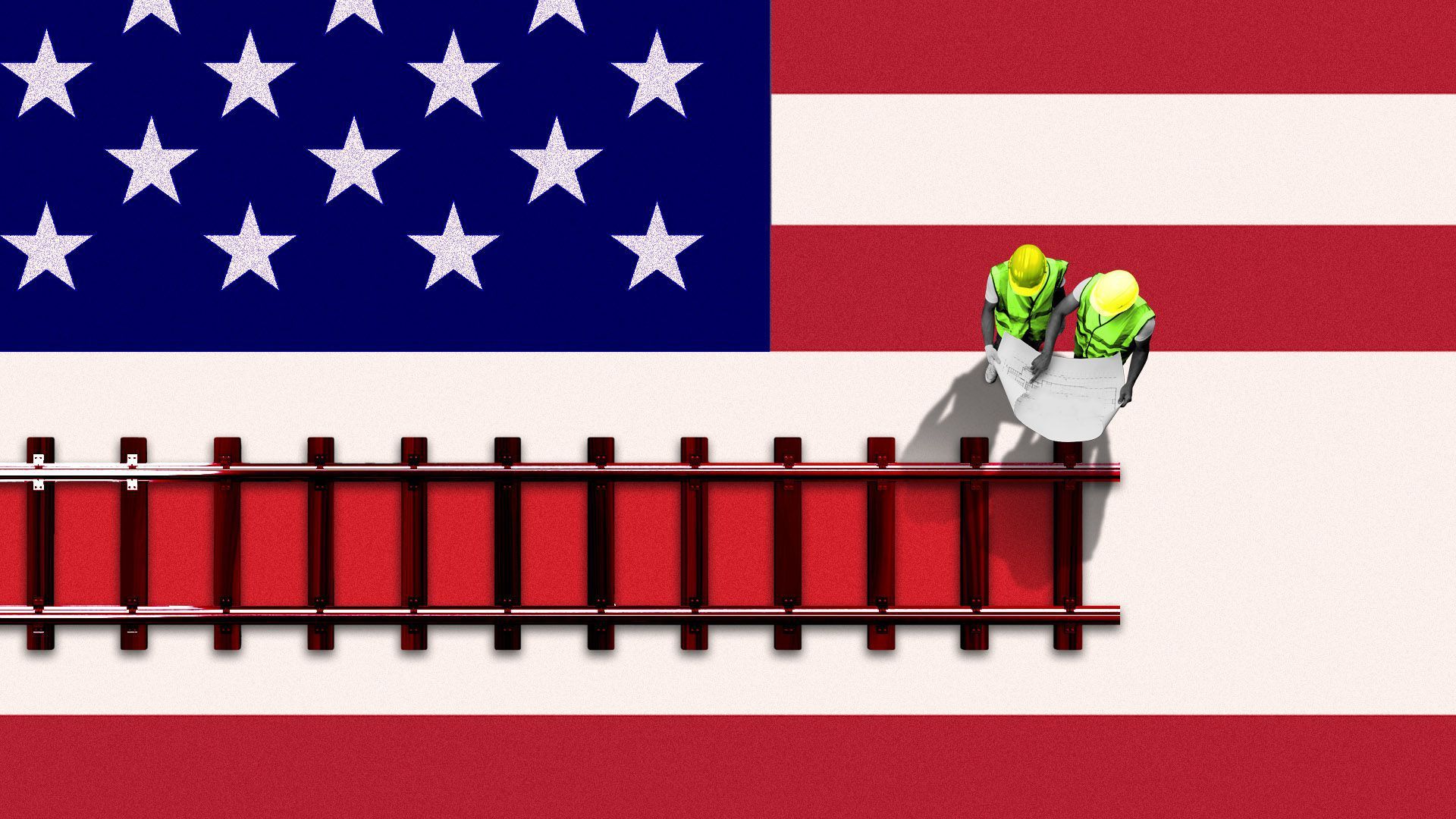 Illustration of workers laying railroad track across an image of an American flag.