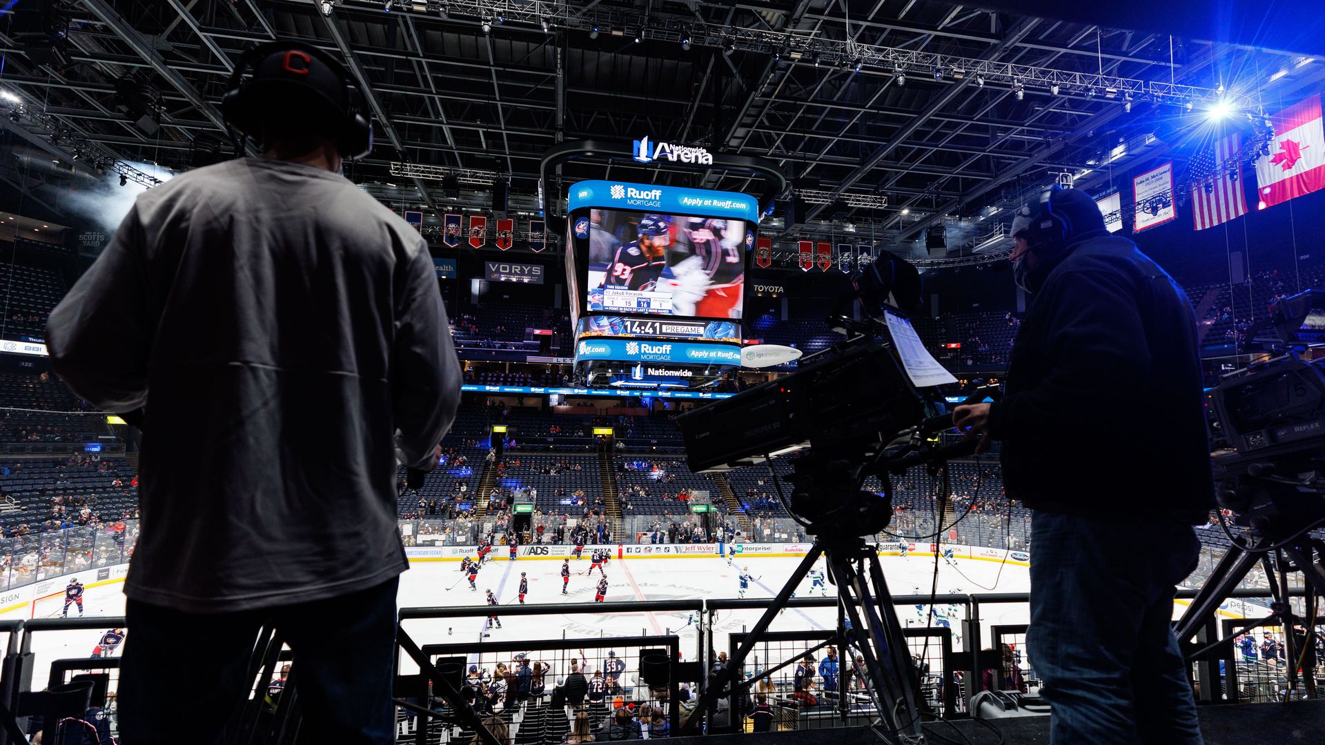Cameras pointing at the ice at Nationwide Arena for a Columbus Blue Jackets game