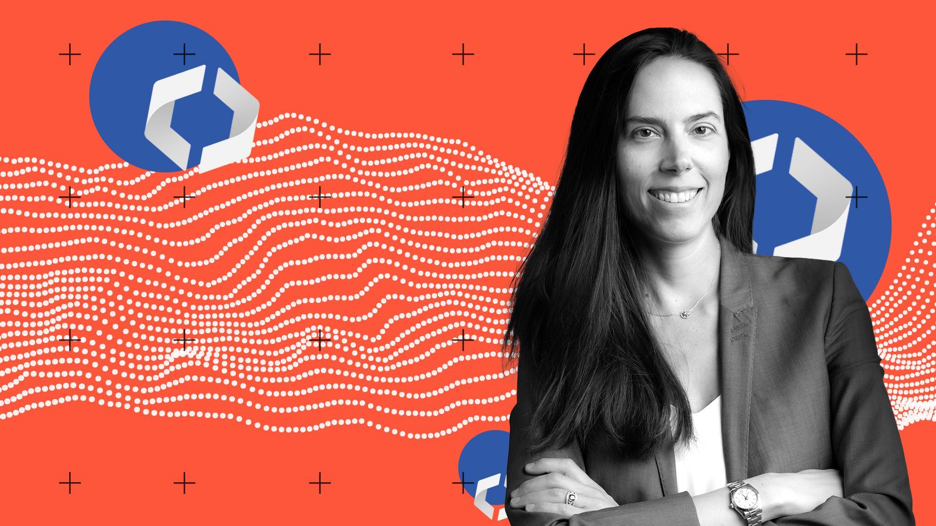 Photo illustration of Ambre Soubiran surrounded by abstract digital patterns. 