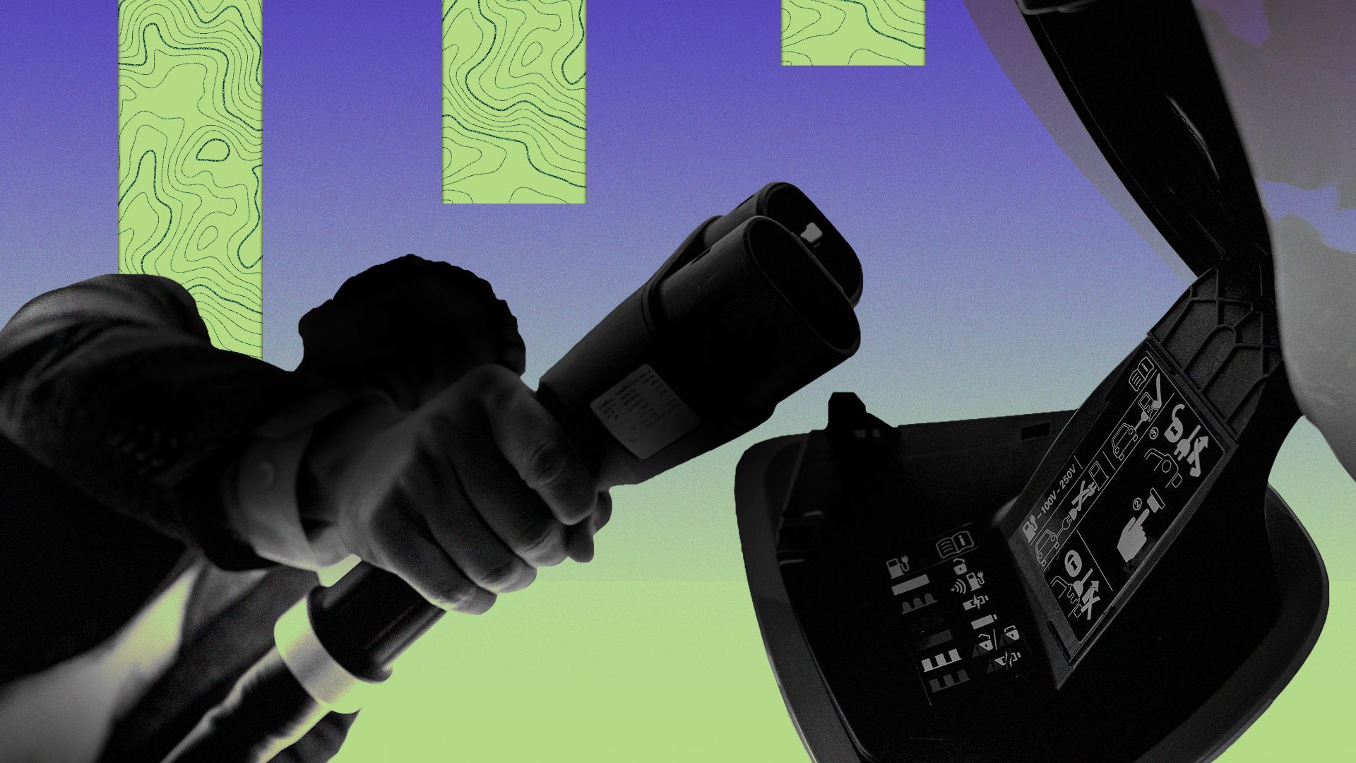 Illustration of a person charging an electric vehicle, viewed from below, next to graphic shapes