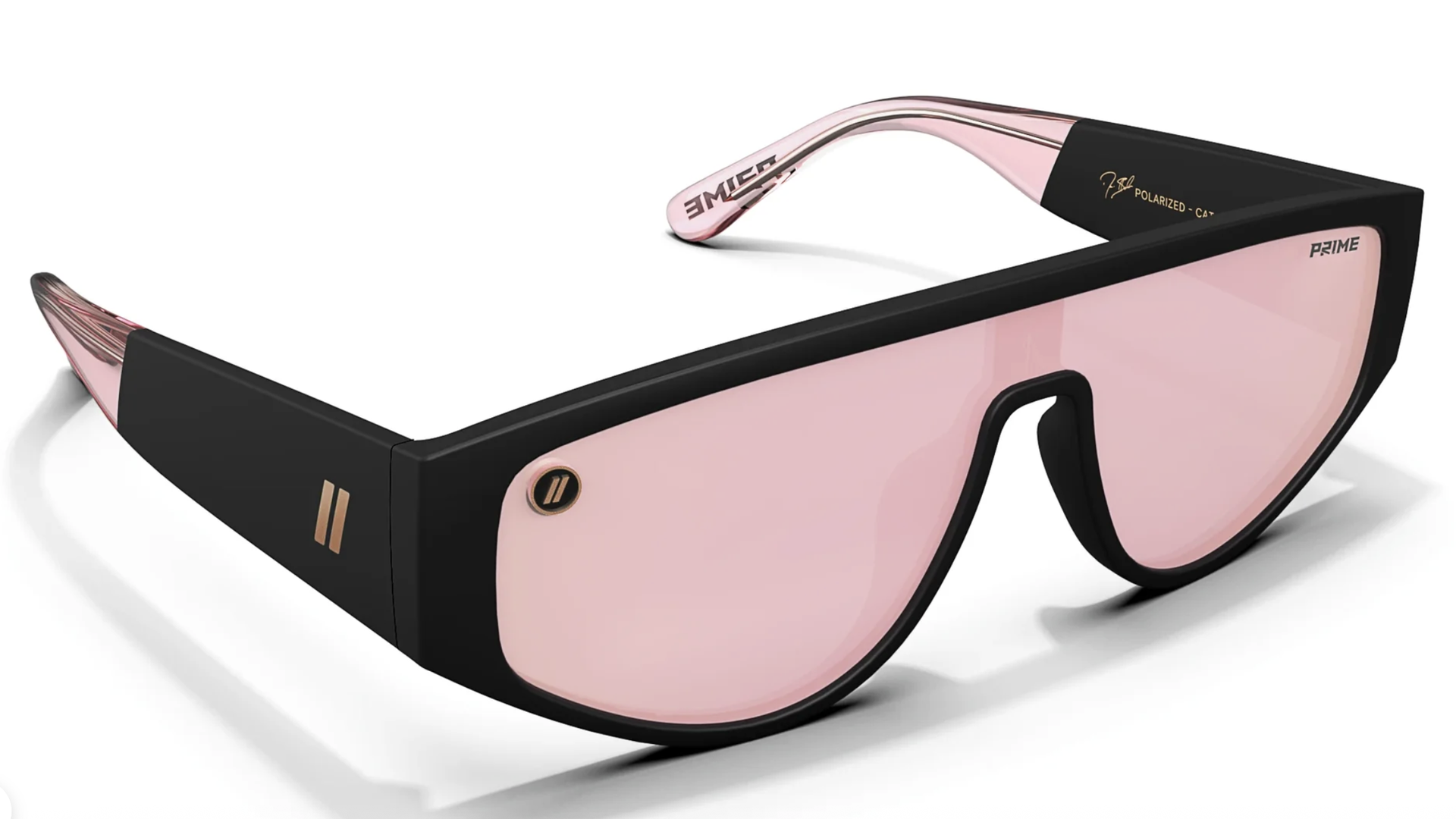 Black framed sunglasses with large pink tinted lenses and pink translucent arms, featuring the brand name "PRIME" and polarized lens labeling.