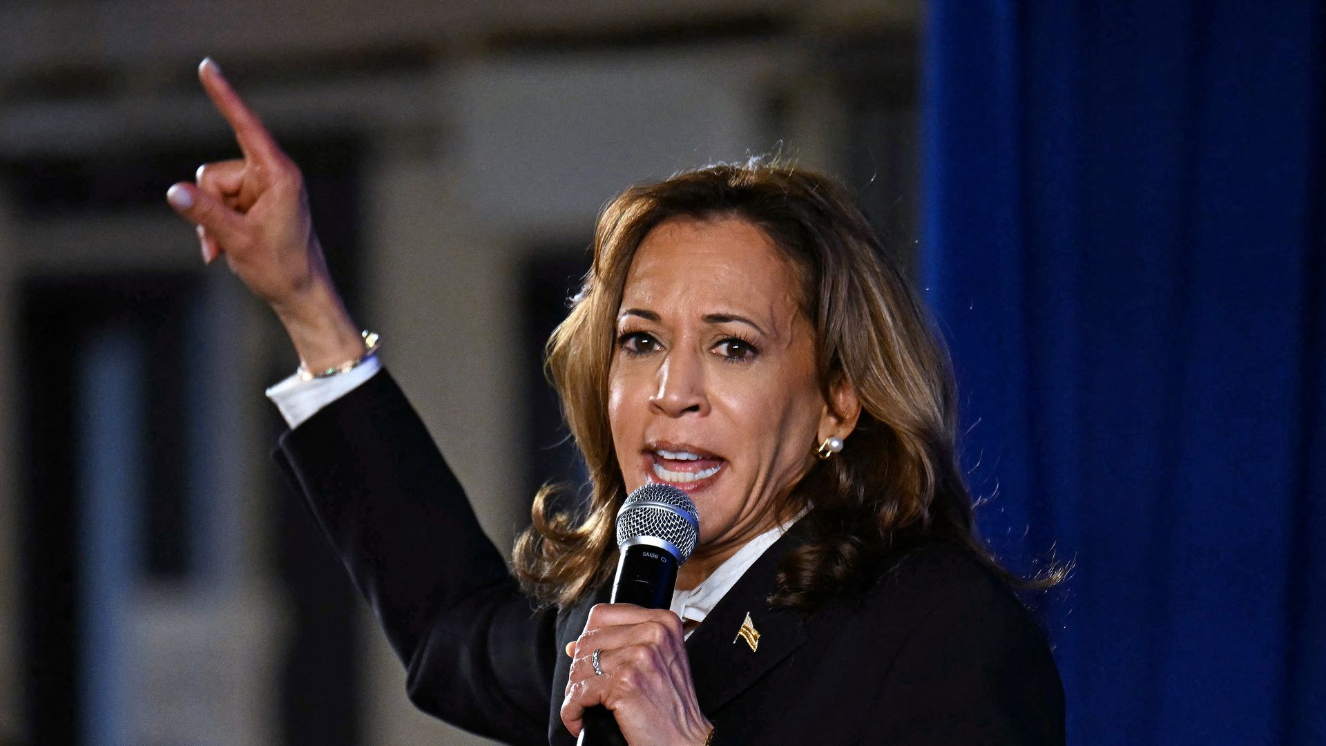Kamala Harris points upward while speaking and holding a microphone.