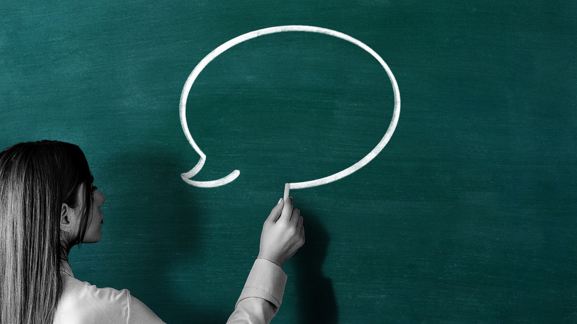 Illustration of a teacher drawing a speech bubble on a chalkboard. 