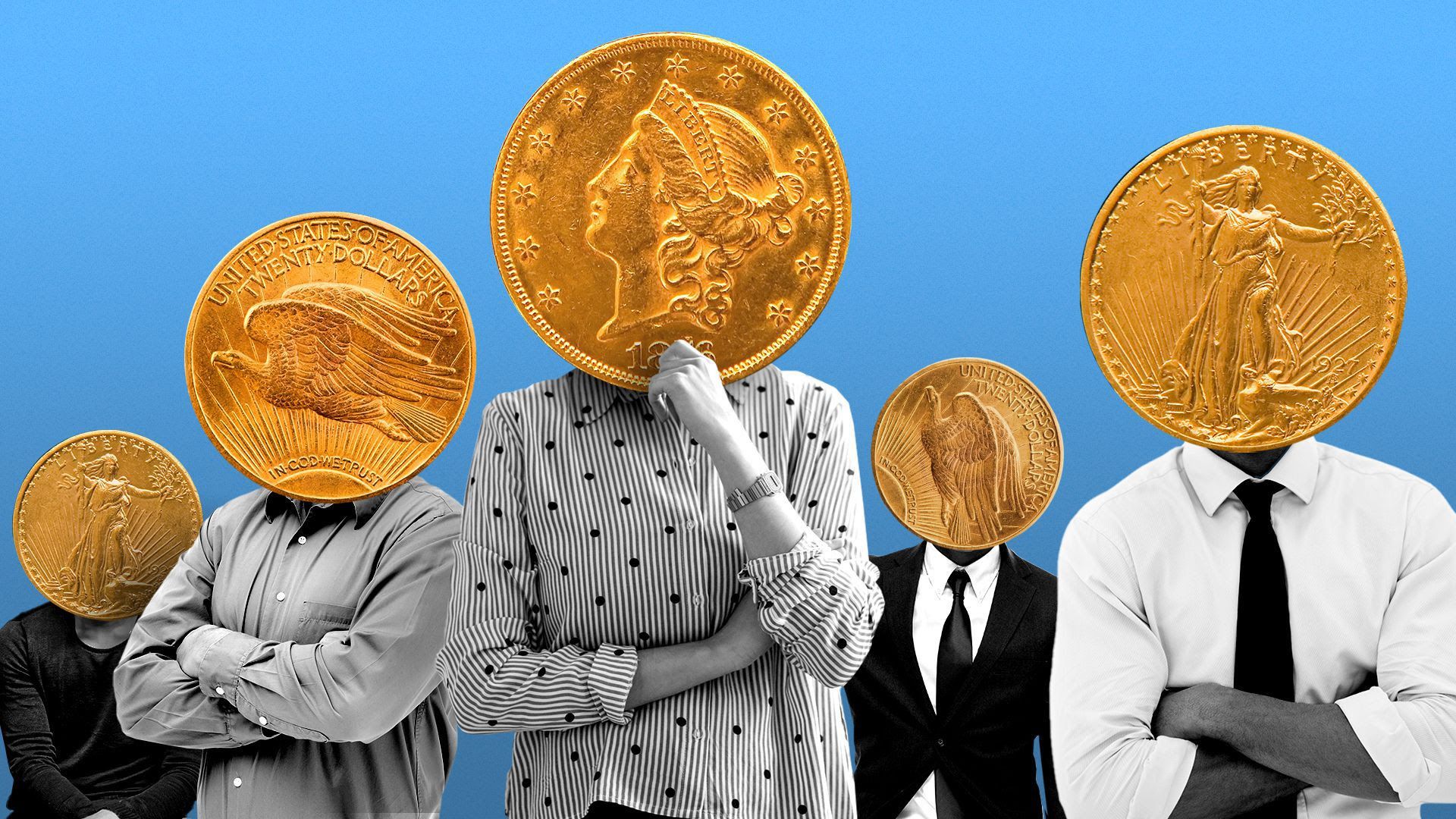 Illustration of people with coins on their head.