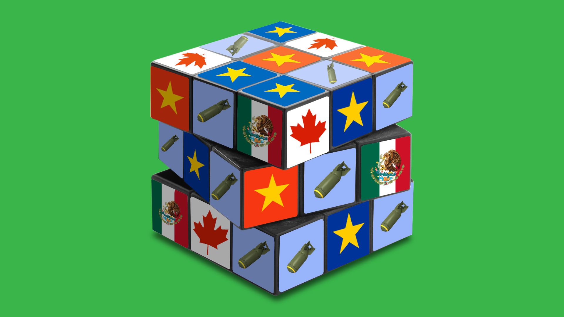 Illustration of a Rubik's Cube with icons representing the U.S., Mexico, Canada, and China, plus images of bombs