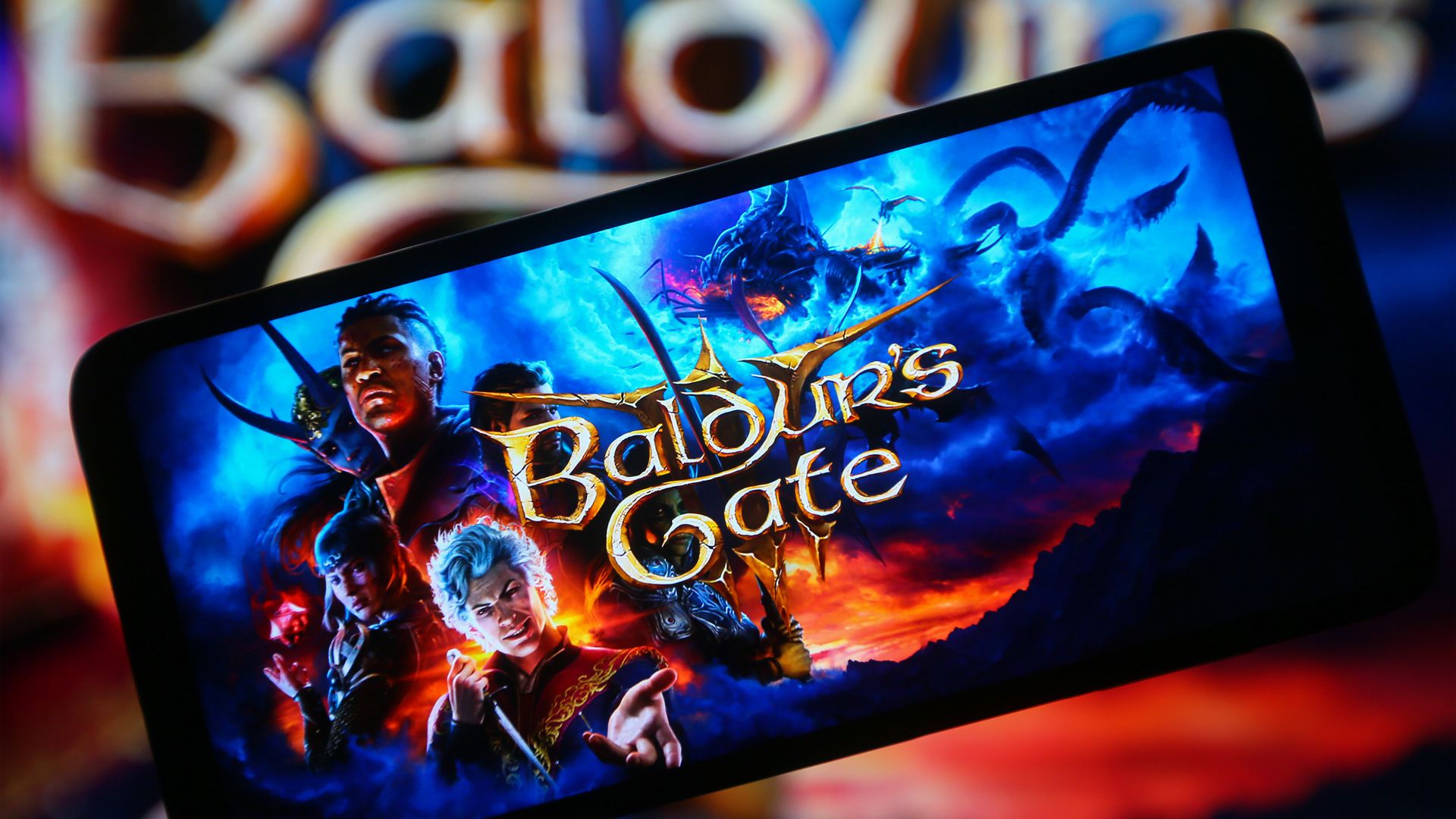 An image of a smart phone featuring digital game Baldur's Gate 3.