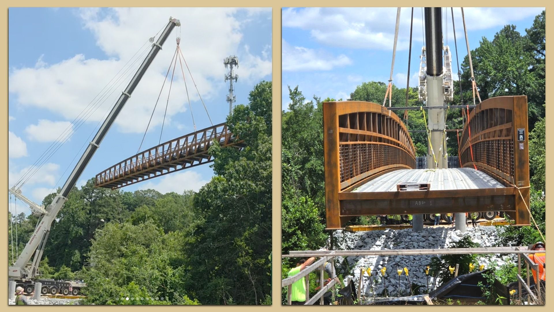Two-panel construction scene: a crane hoists a long rust-red steel bridge span over a tree-lined site; the right panel shows the curved deck with orange rails, cables, and construction workers.