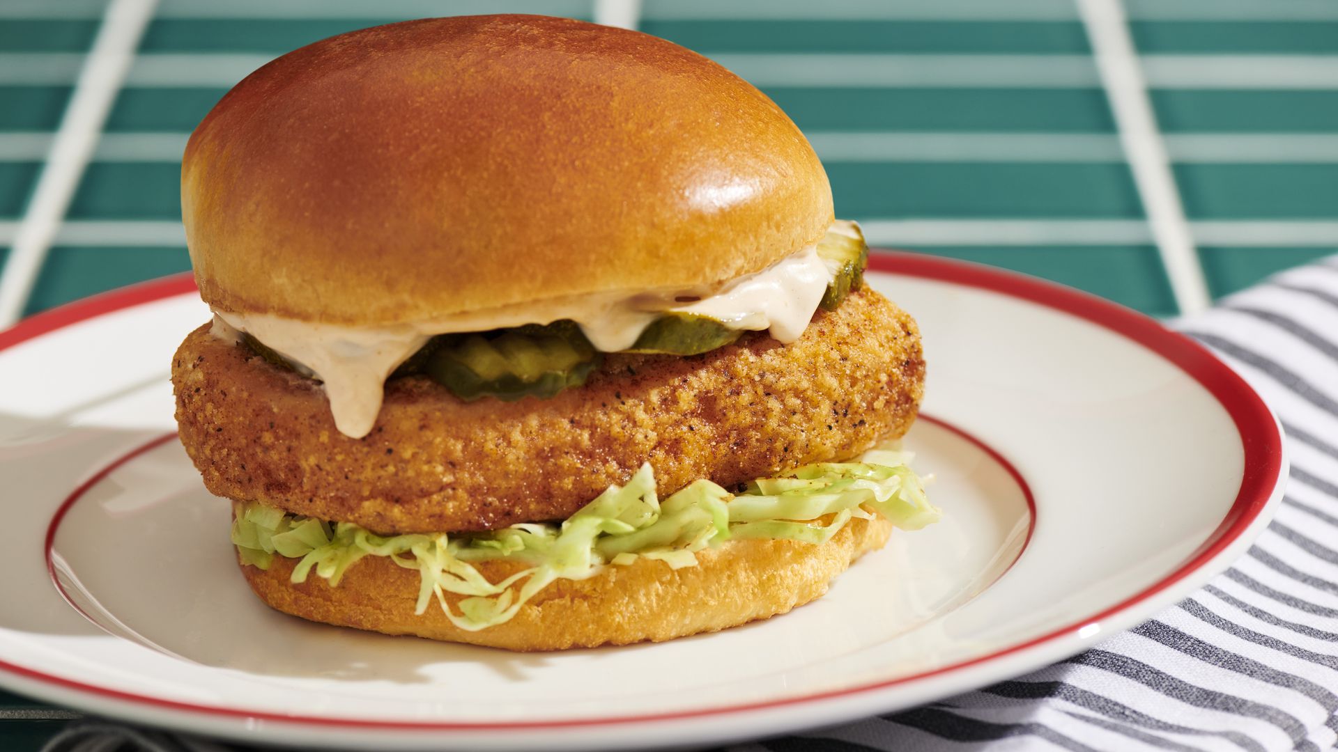 A chicken sandwich made with a mushroom-based meat alternative from Meati.