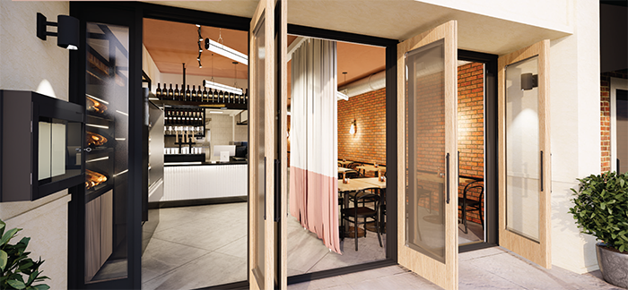 Pizza Baby East exterior looking in.