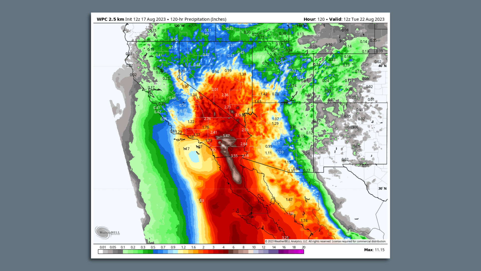 Map showing forecast rainfall amounts for Hurricane Erin, from the National Weather Service.