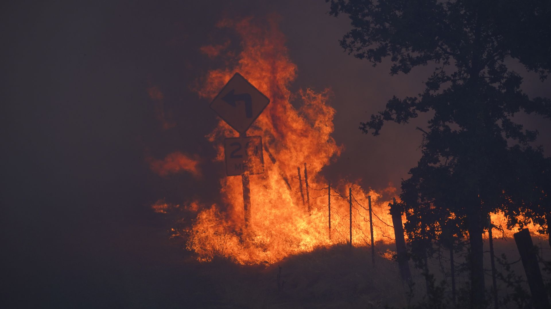 lames and smokes are seen during the Zogg fire near the town of Igo in Shasta County, California, U.S., on Sunday, Sept. 27, 2020.