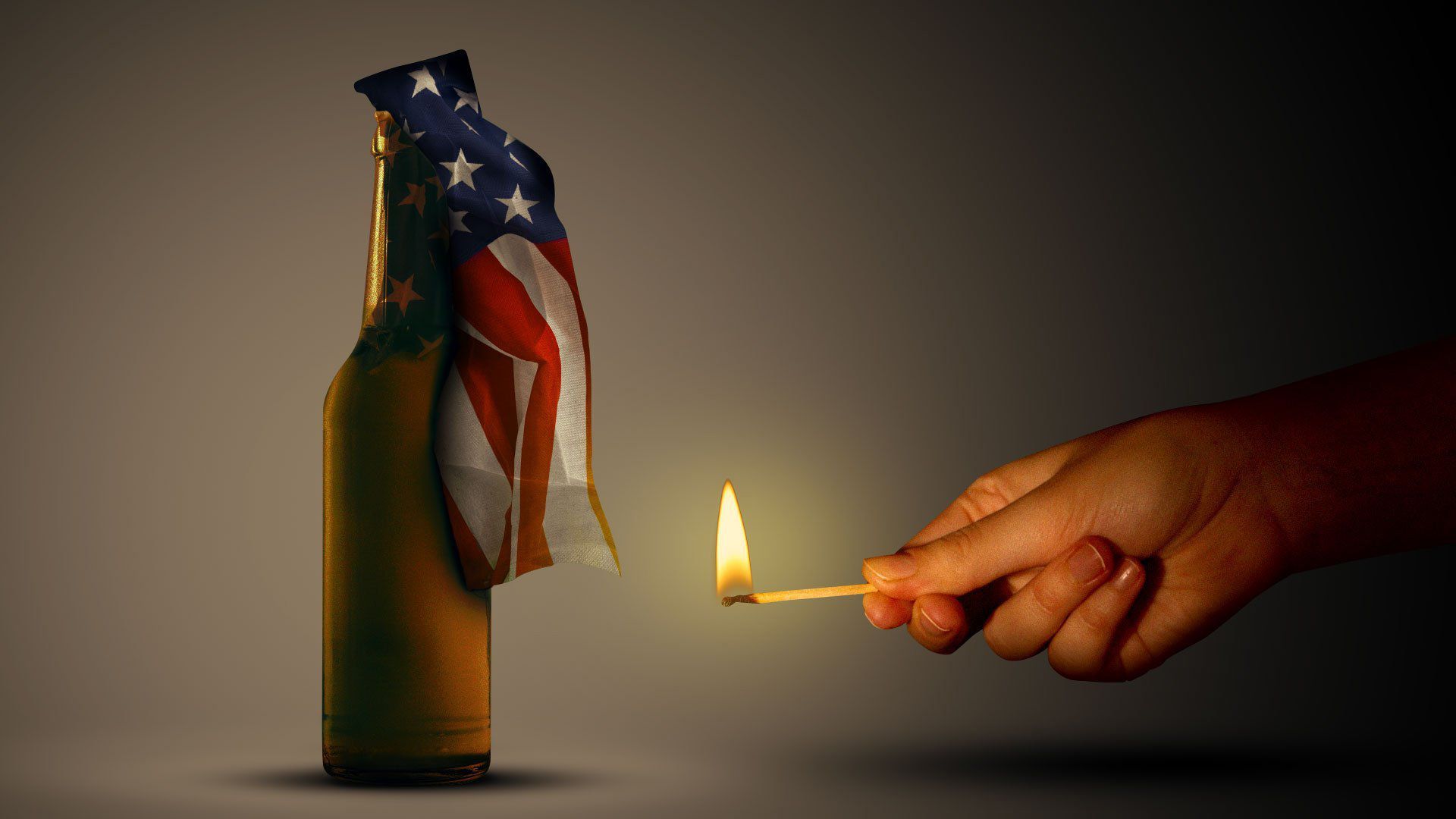 Illustration of a molotov cocktail with an American flag as the cloth wick and a hand approaching it with a lit match.  