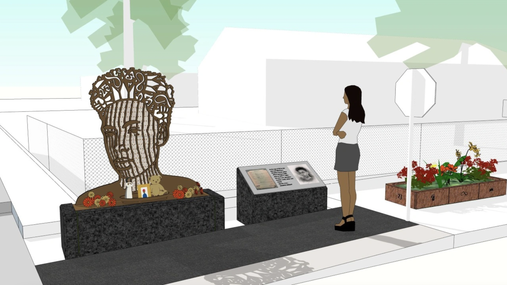 rendering of a memorial with a portrait statue