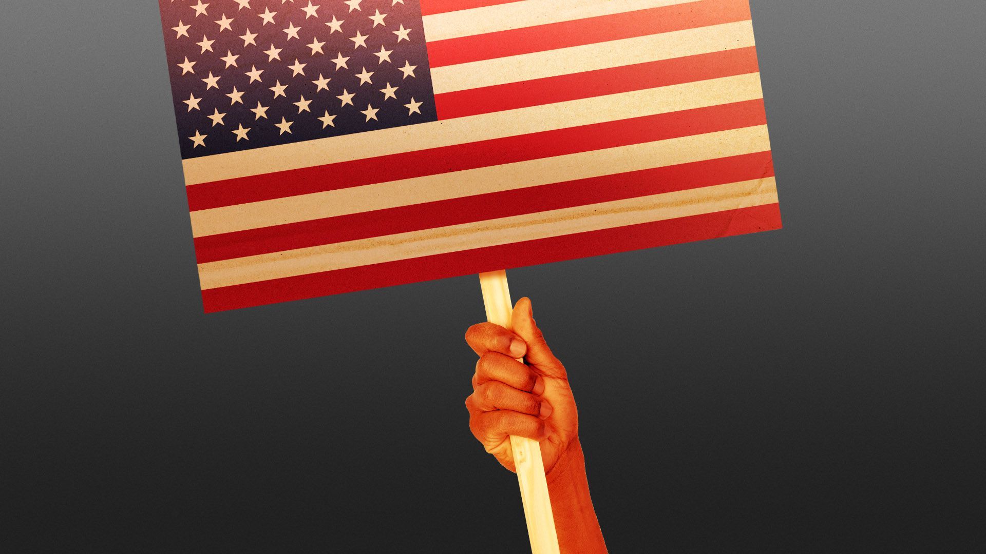 Illustration of a had holding a protest sign with an American flag on it