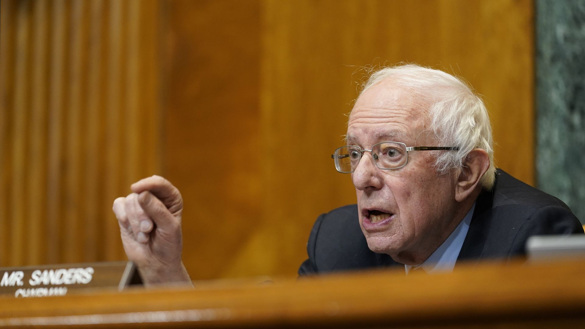 Senate Budget Committee Chairman Sen. Bernie Sanders, I-Vt., speaks during a hearing on Capitol Hill examining wages at large profitable corporations February 25, 2021 in Washington, DC.