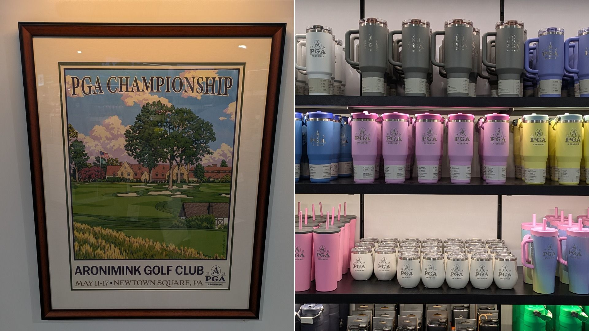 Left: framed poster titled "PGA Championship" showing a golf course with trees; reads Aronimink Golf Club. Right: shelves of multicolor PGA-branded tumblers and mugs in gray, blue, pink, purple, and yellow.
