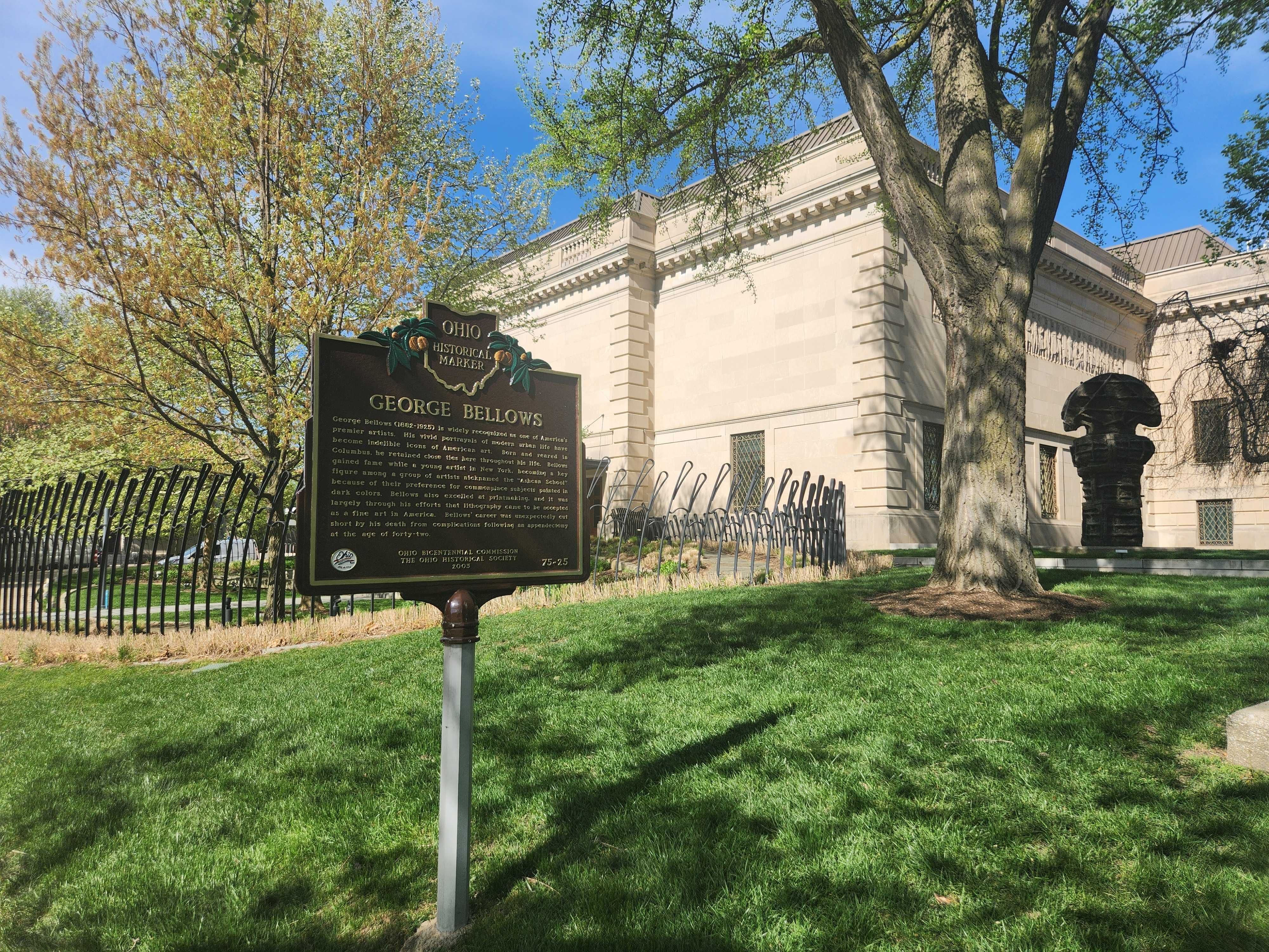 A historical marker for George Bellows in front of the Columbus Museum of Art. 