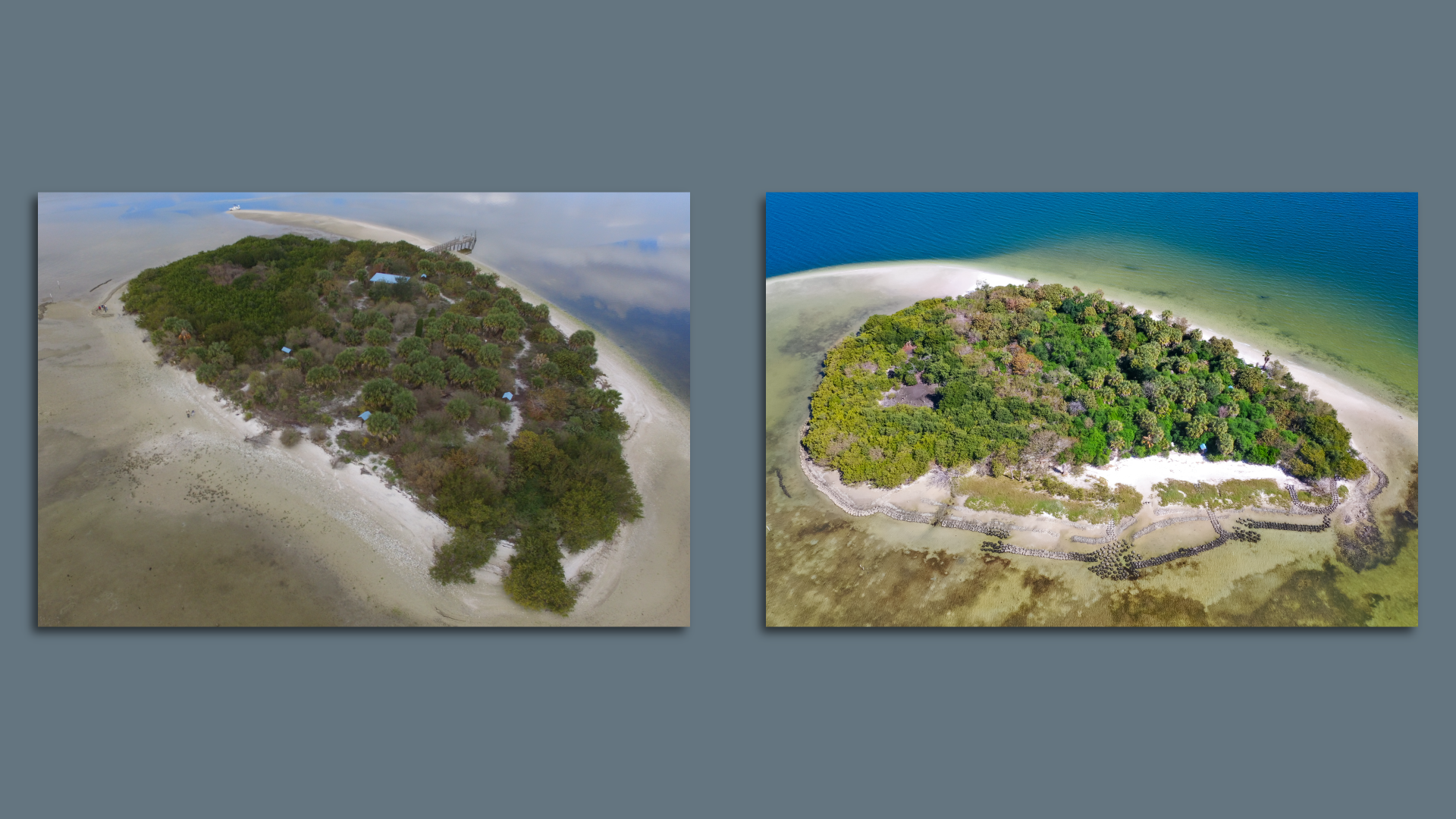 Two aerial photos showing the same island at different times.