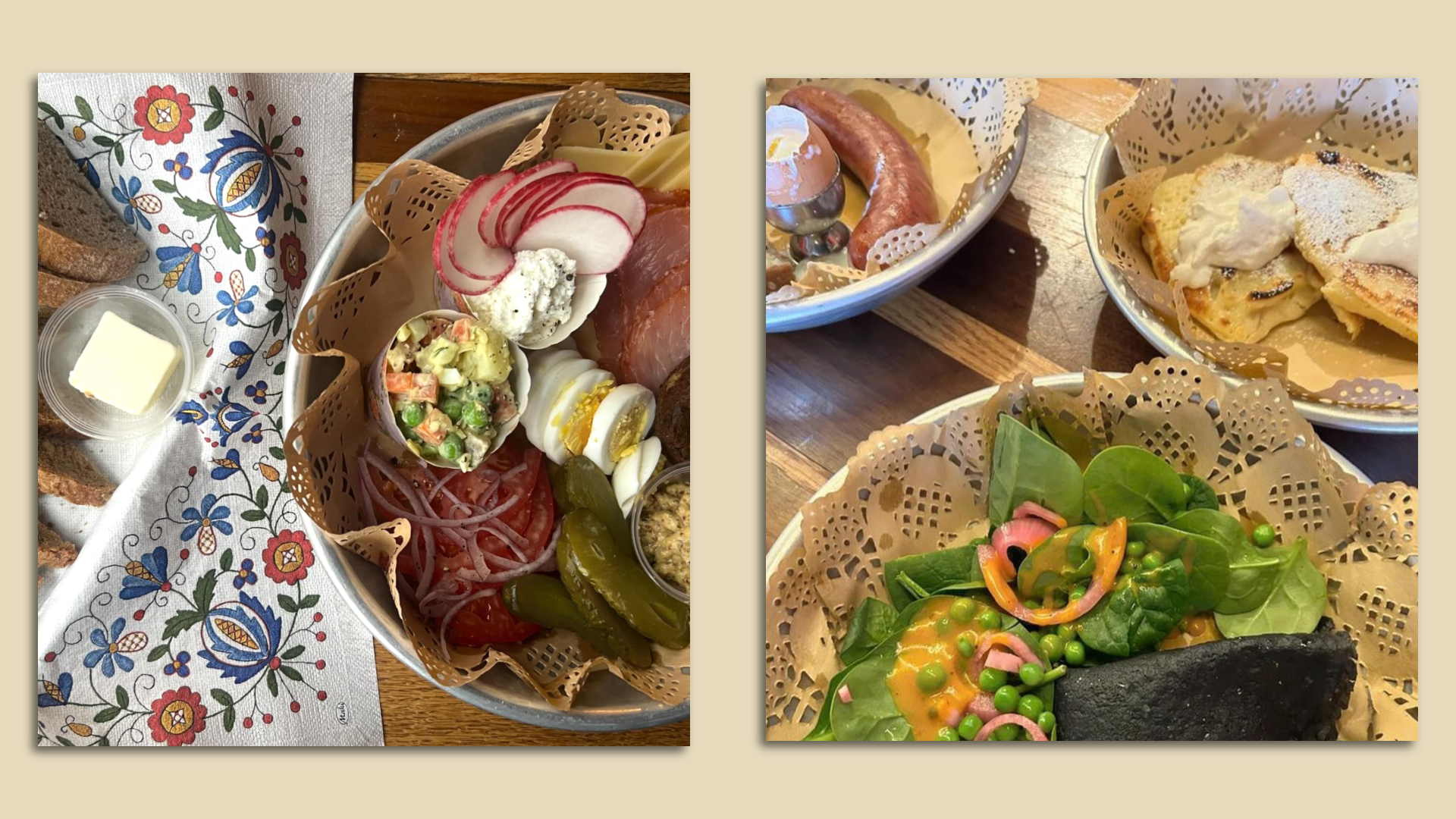 Side by side photos of Polish meals including a platter with meats, cheese, and eggs and pierogi