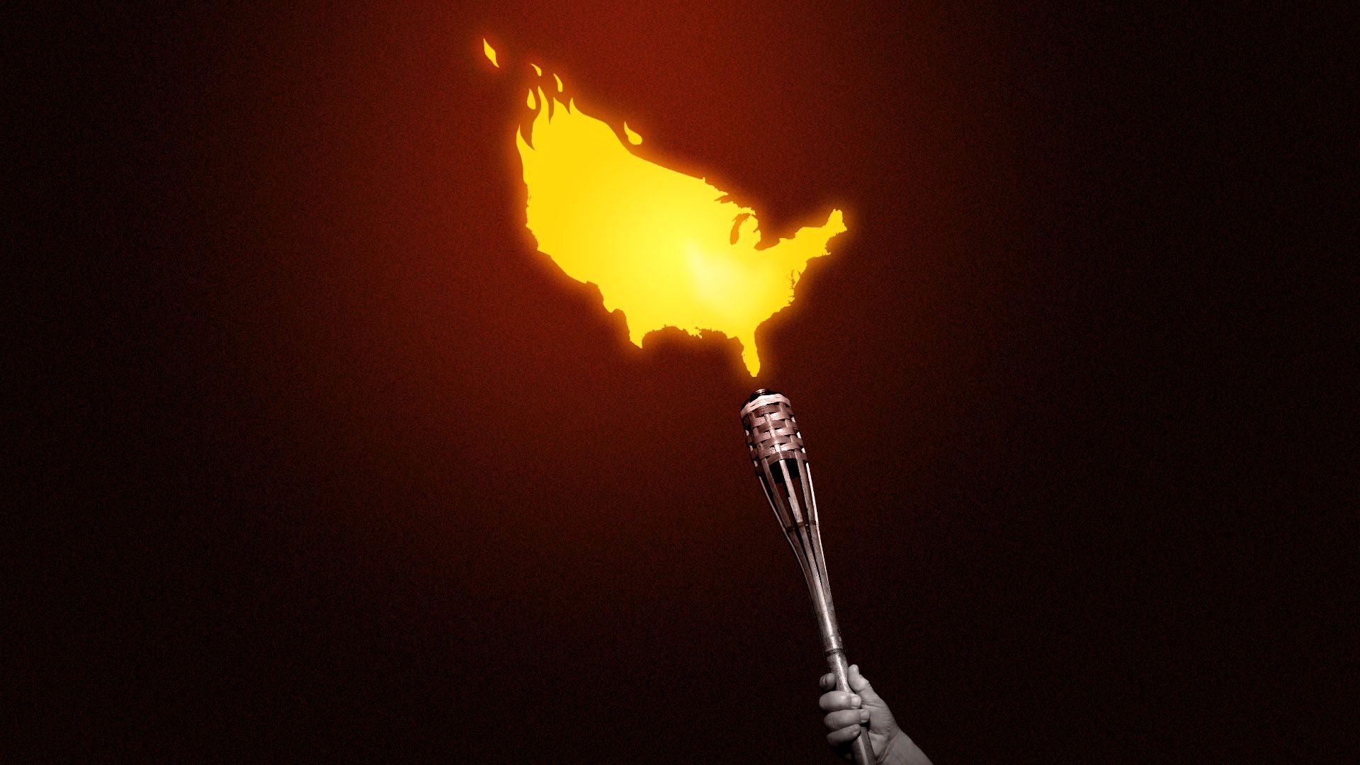 Illustration of a hand holding a torch with the flames forming the shape of the United States.