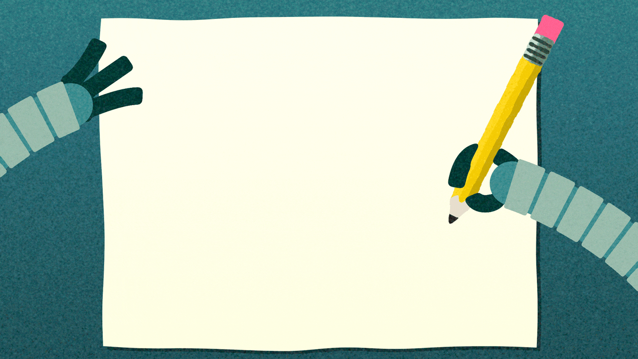 Animated illustration of a robot arm holding a pencil, and drawing a stick figure version of The Vitruvian Man before crossing it out.