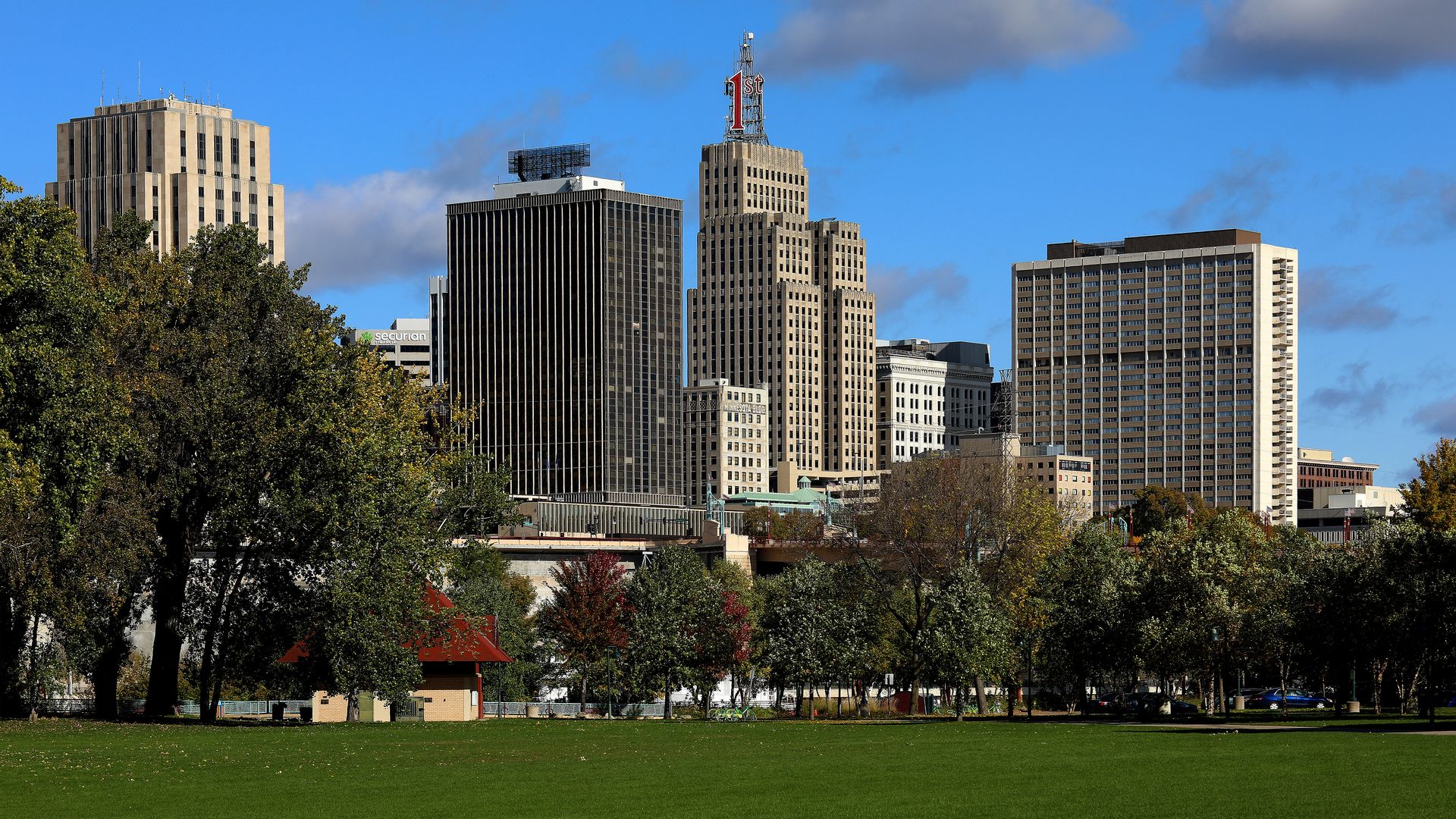 Harriet Park, with the downtown St. Paul skyline in the background 