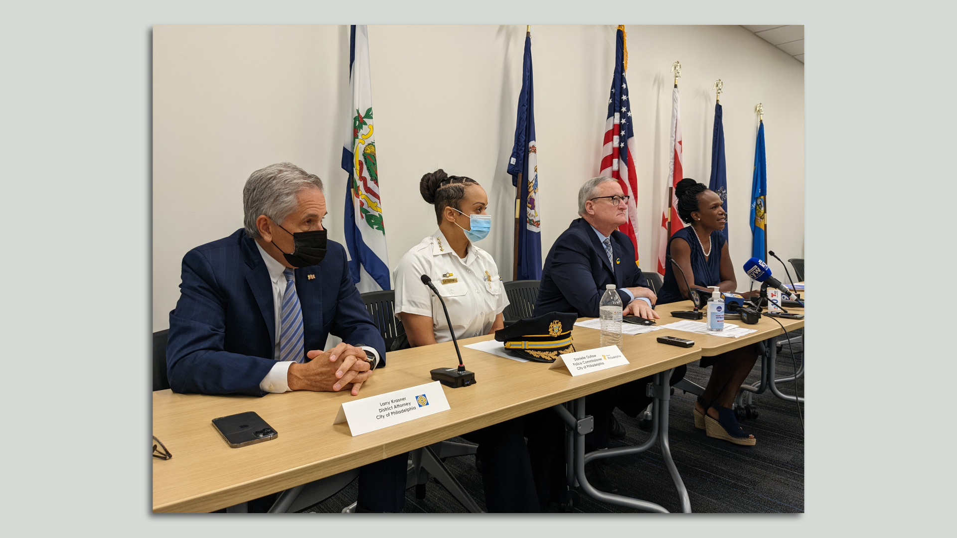District Attorney Larry Krasner, police commissioner Danielle Outlaw, Mayor Jim Kenney and Ala Stanford, regional director for Department of Health and Human Services Region 3. 