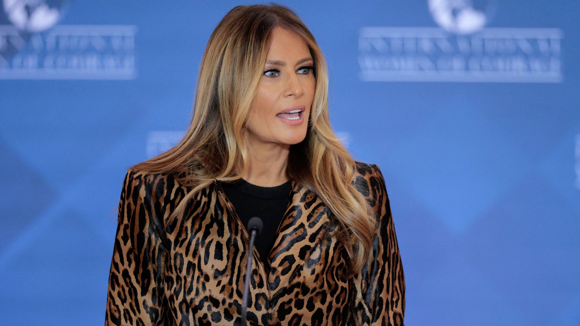 first lady Melania Trump delivers remarks during the International Women of Courage Award ceremony in the Ben Franklin Room at the State Department's Harry S. Truman headquarters on April 01, 2025 in Washington, DC. 