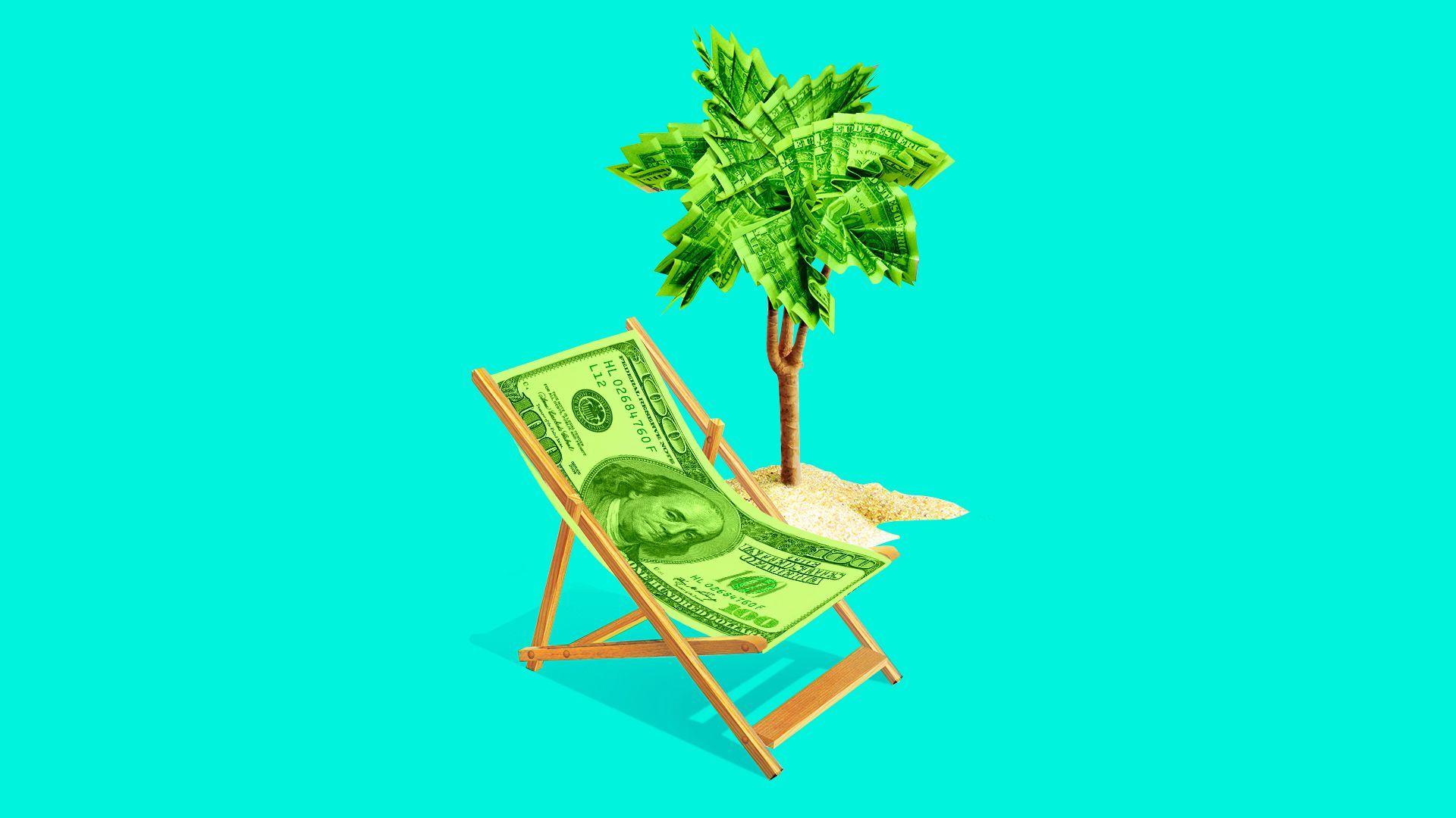 Illustration of a beach chair and palm tree made out of money.