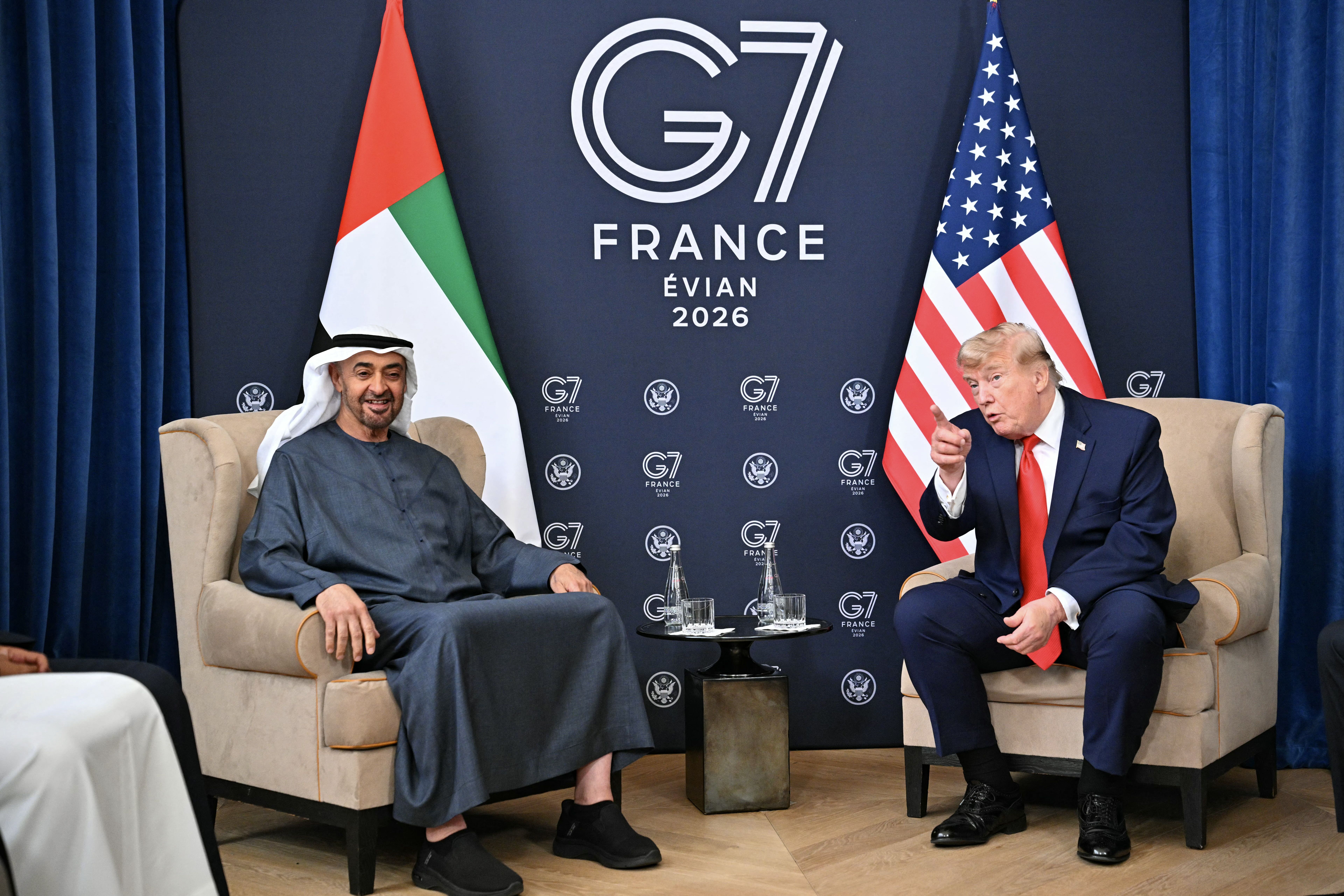 President Trump meets with UAE President Sheikh Mohammed bin Zayed Al Nahyan yesterday at the G7 Summit in Evian-les-Bains, France.
