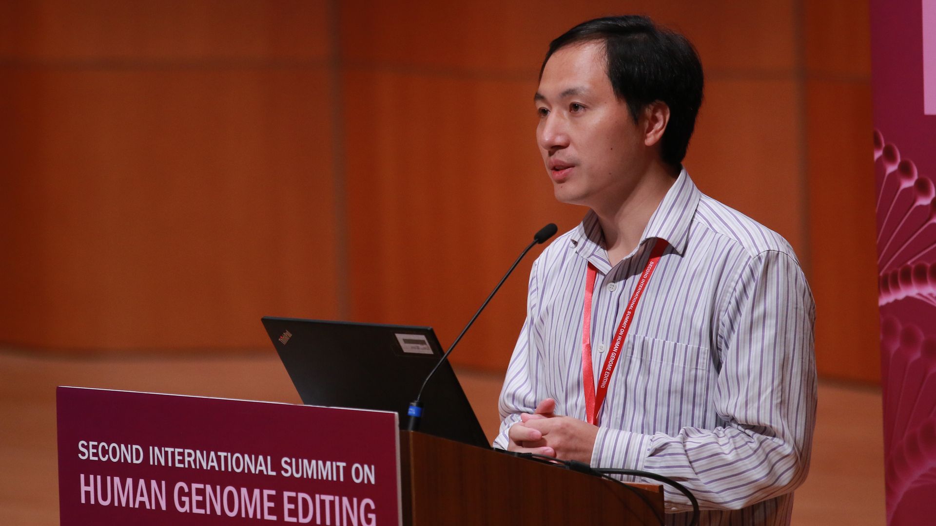Biological researcher He Jiankui speaking at the Second International Summit on Human Genome Editing at the University of Hong Kong in November.