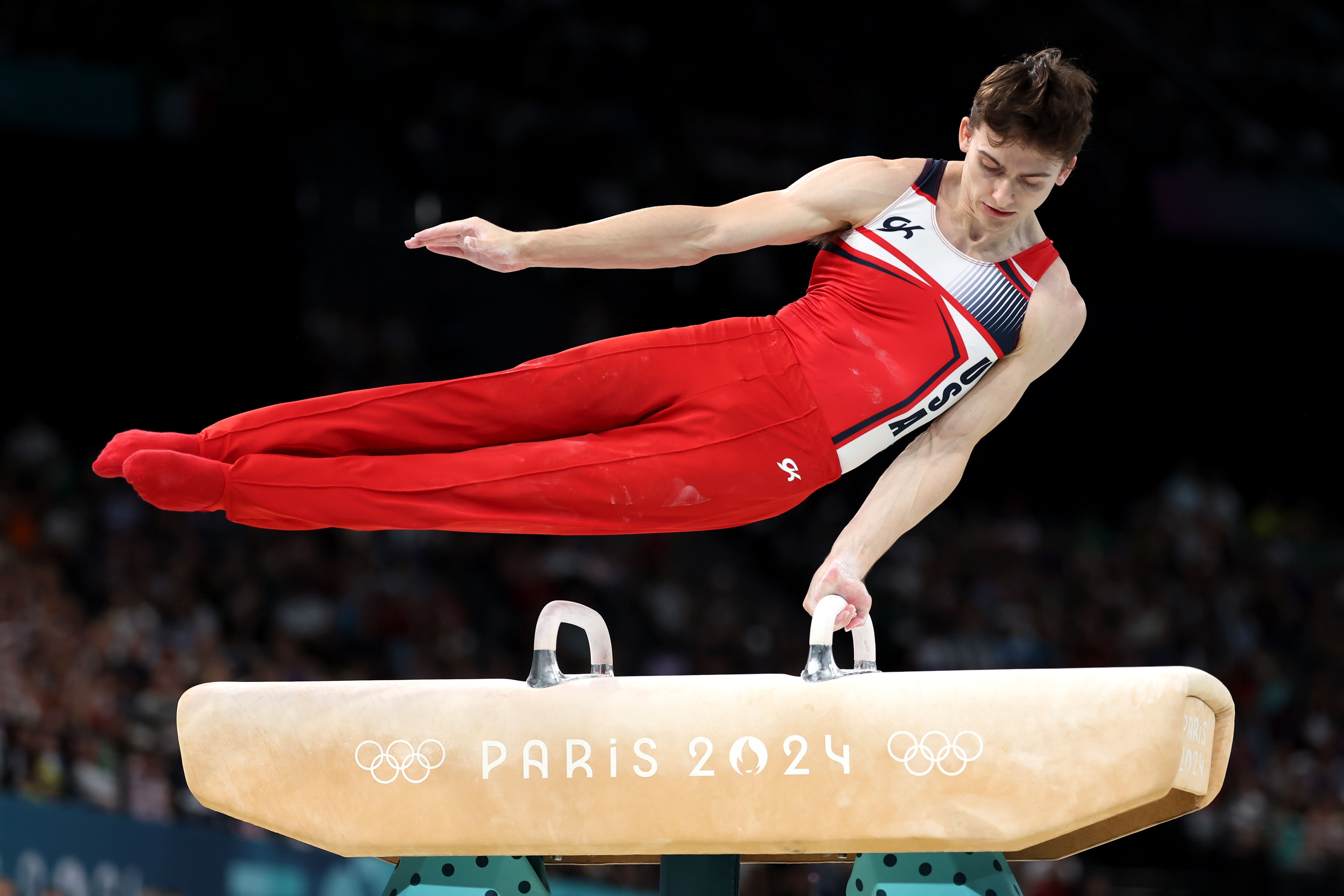 Stephen Nedoroscik of Team United States competes during the Artistic Gymnastics Men's Pommel Horse Final on day eight of the Olympic Games Paris 2024 at Bercy Arena on August 03, 2024 in Paris, France. (Photo by Julian Finney/Getty Images)