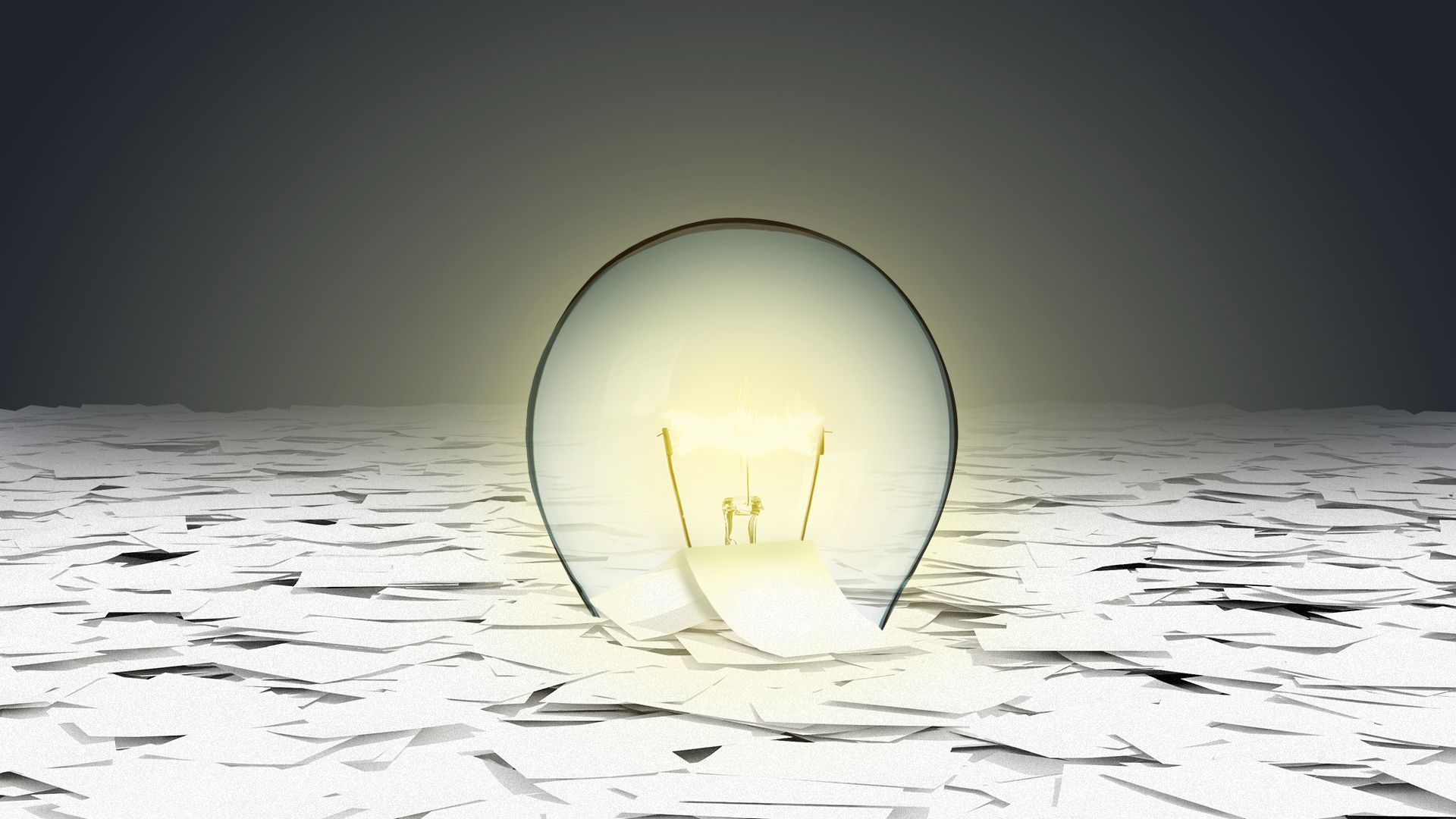 Illustration of a lightbulb being buried in a sea of paper.