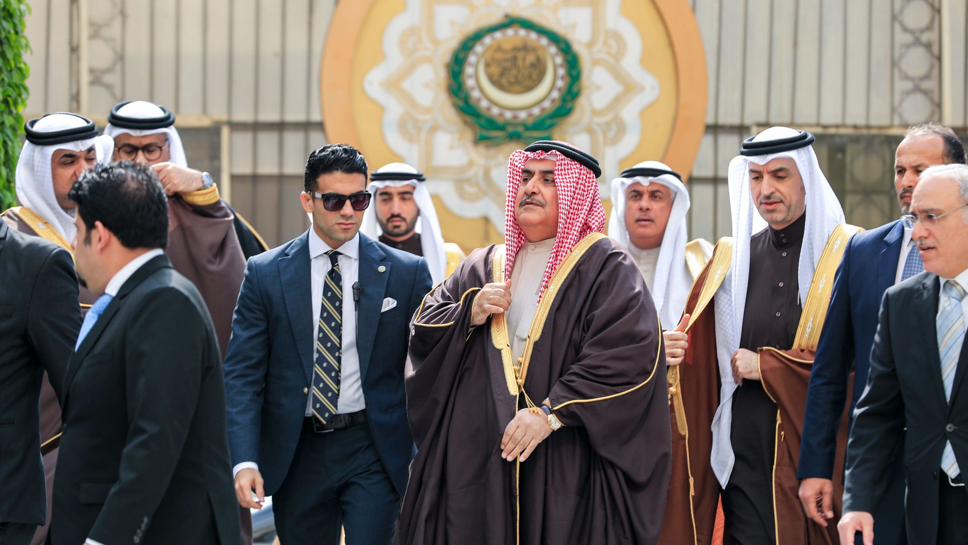 Bahrain's Minister of Foreign Affairs Khalid bin Ahmed al-Khalifa arrives to attend an Arab League emergency meeting discussing the US-brokered proposal for a settlement of the Middle East conflict.