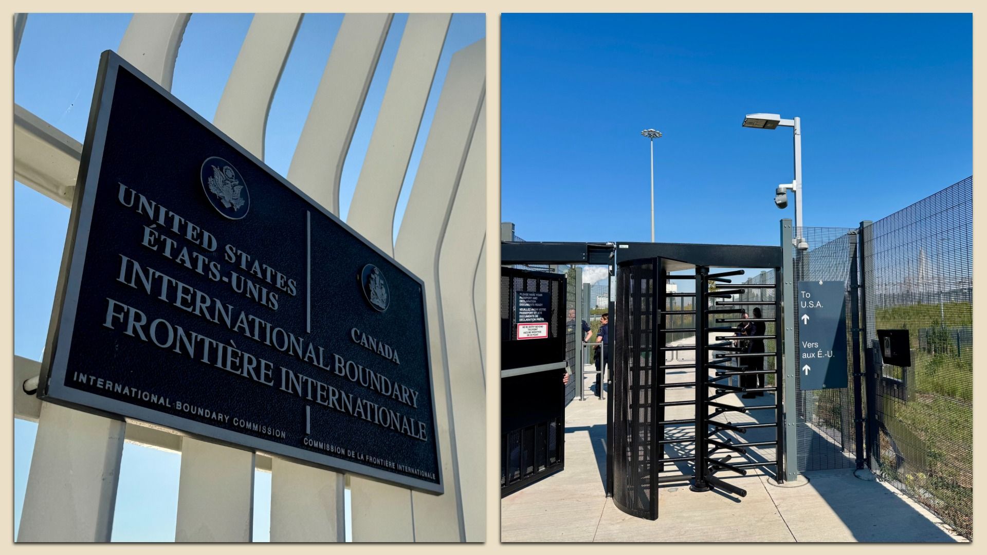 Two-panel border crossing scene: left features a dark sign reading "United States International Boundary" with white arches in the background; right shows a secure gate with a turnstile, tall fencing, and a bright blue sky.