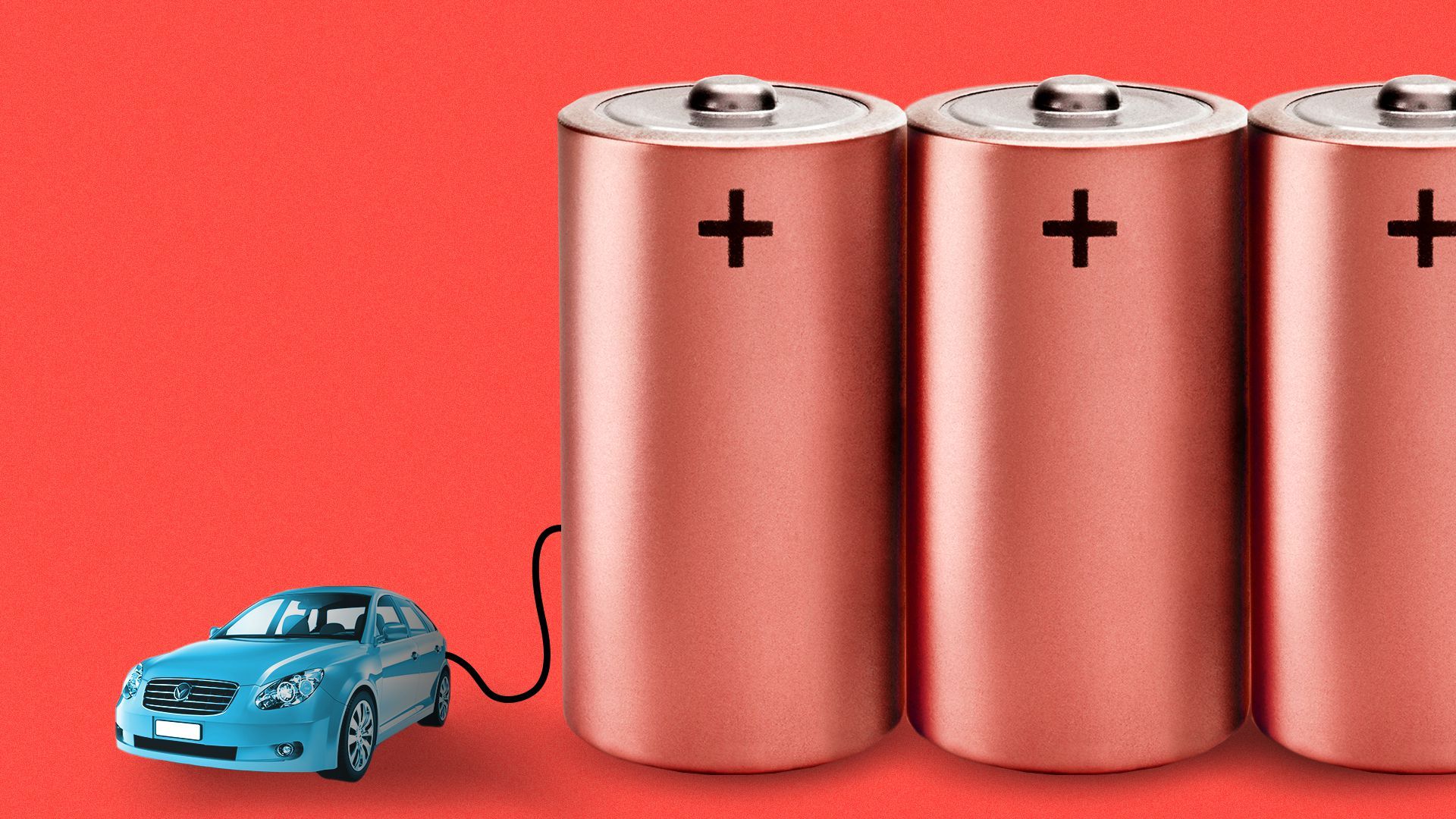 Illustration of a small car plugged into three large batteries