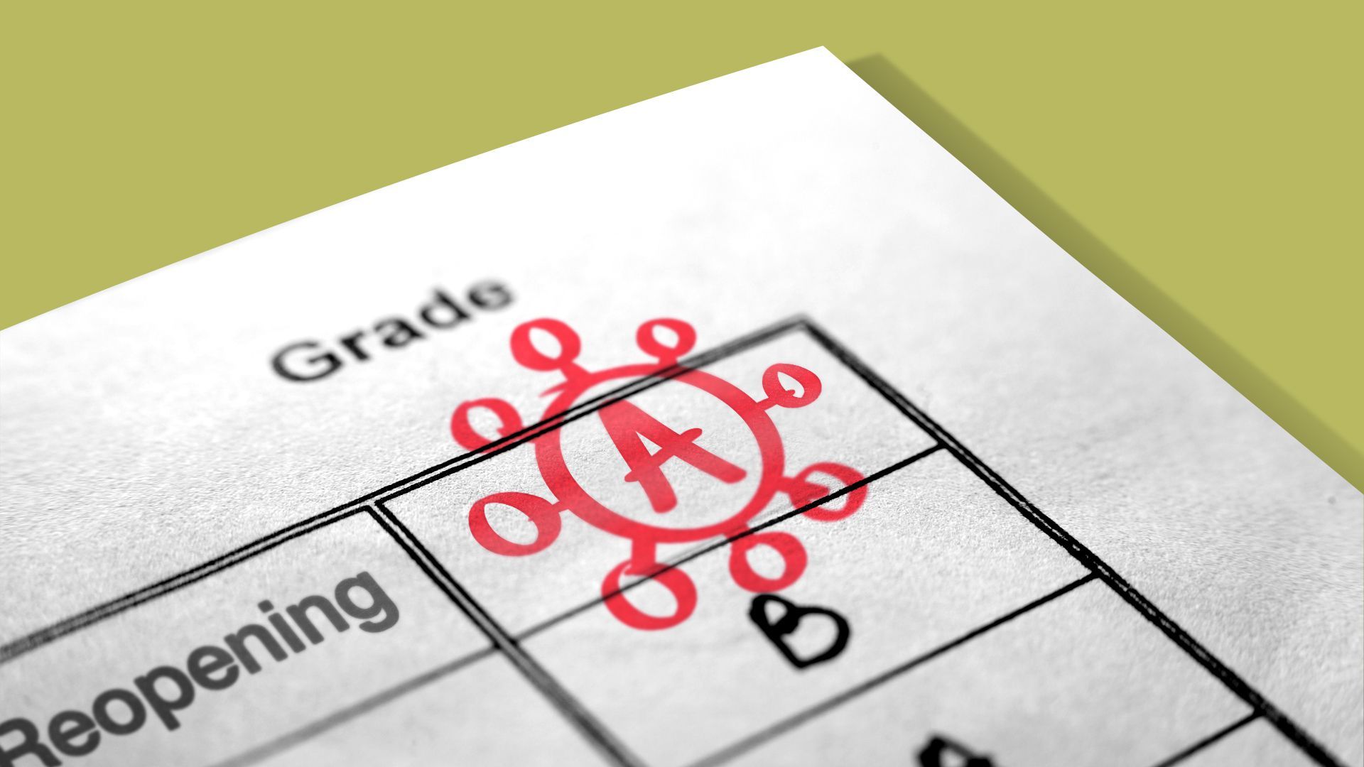 Illustration of a report card that says "reopening," and shows an "A" written in red marker, circled by a coronavirus particle.